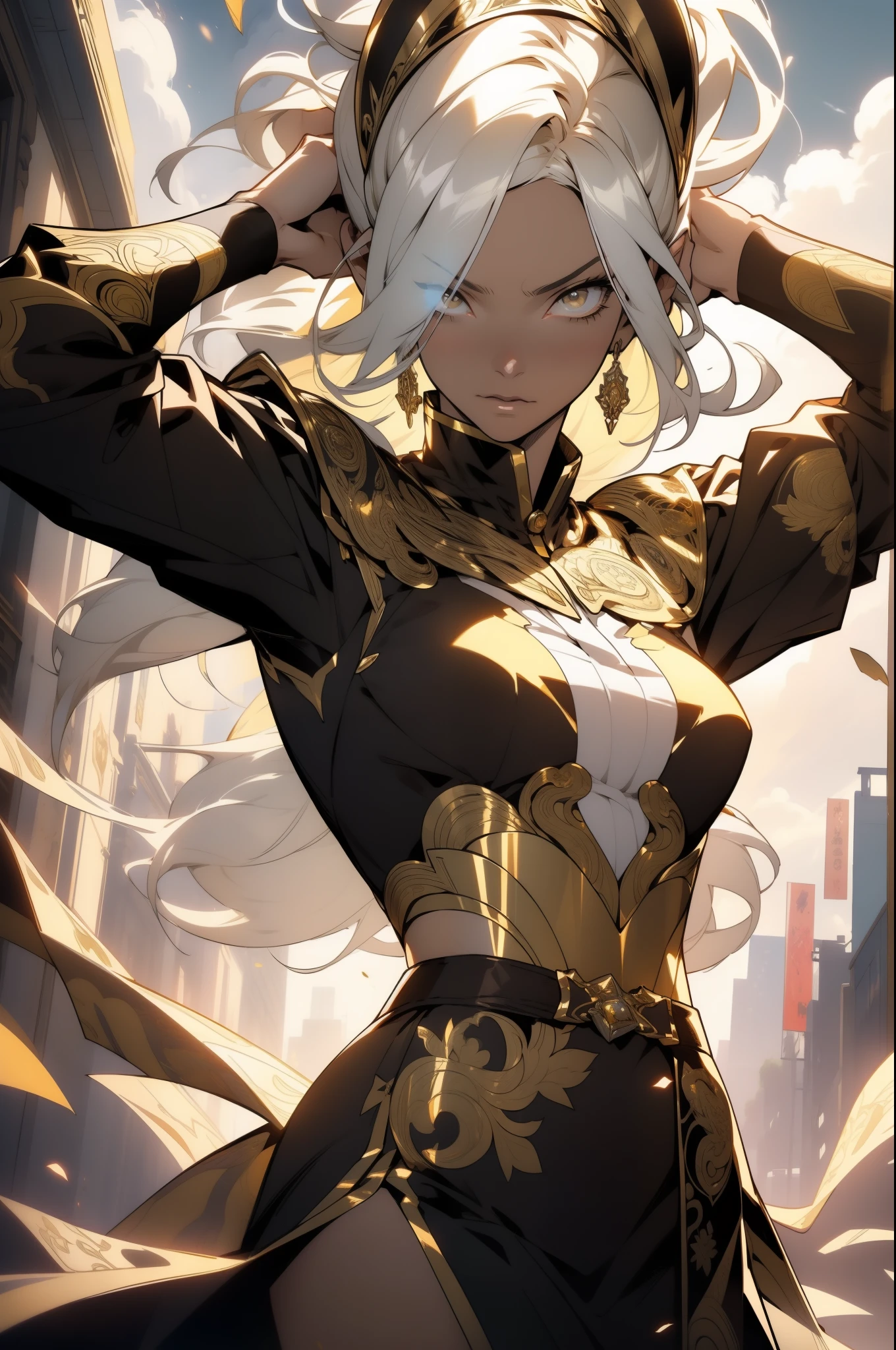 (looking at pov) highly detailed face, realistic face, golden katana,(oversized clothes:1.2), miniskirt, (dark coat with ornate golden embroidery, golden embellished), (white hair, golden streaks on hair), yellow eyes, thigh strap, (neo city), (clouds), add_detail:1, hair over one eye, largest_breasts!!, (ultra-detailed), hyper details, (intricate details), (cinematic light, best quality Backlights), from pov, perfect body, ), (crown: 1.1), Proud, high contrast, (best illumination, an extremely calm and beautiful),, brown skin, Daylight, 1girl, gold skin, jujutsu kaisen style, (masterpiece), best quality, Character casting a powerful magical spell., , Energy radiating from the character's body., Intense concentration on the character's face.