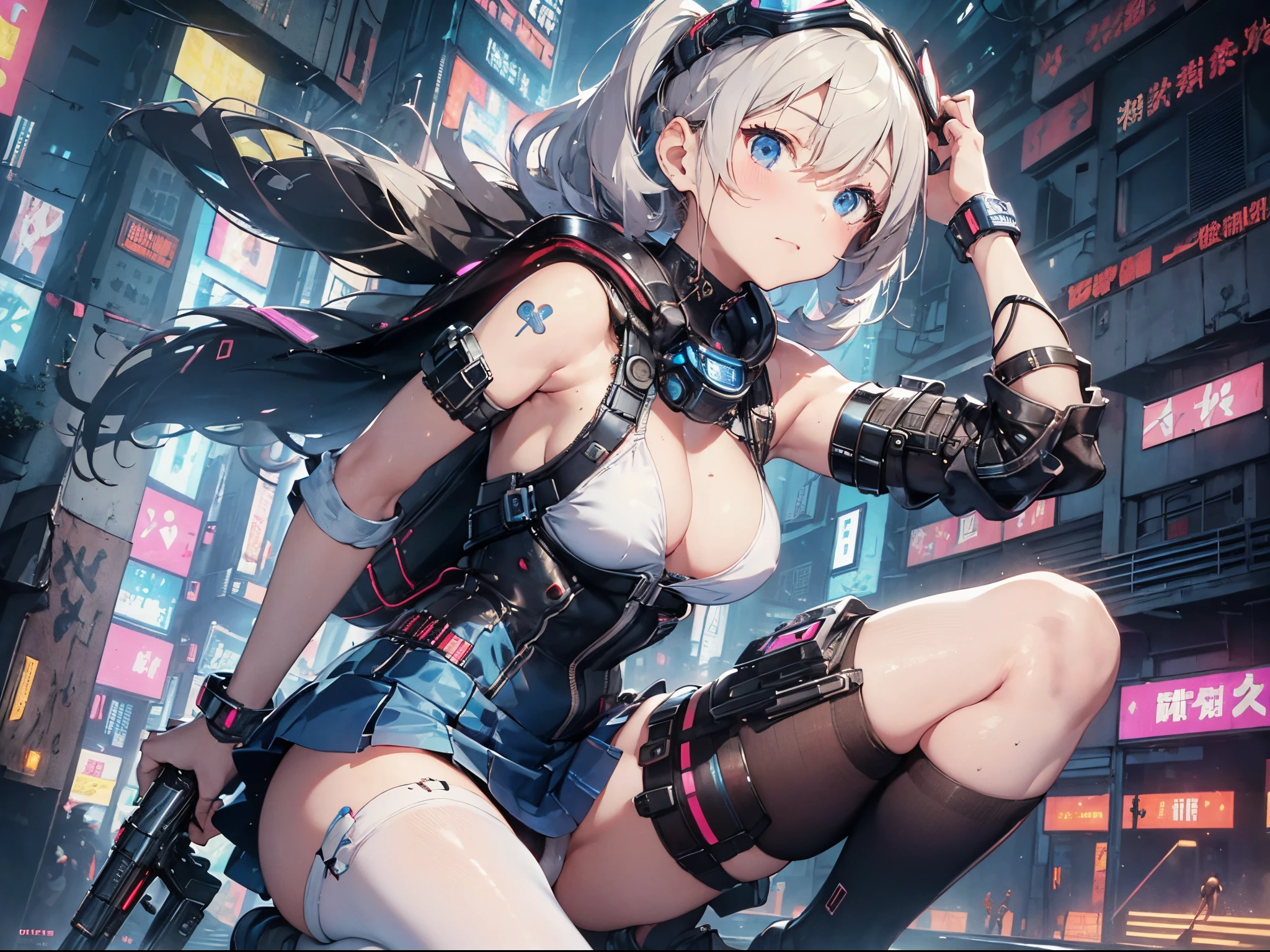 (Best Picture Quality, 4K, High Quality, Masterpiece:1.2), ((Masterpiece)), High Detail, High Quality, (HDR,16k, RAW Beautiful Girl Portrait, Best Picture Quality, Masterpiece:1.2), (Ultra-Definition Illustration), (cyberpunk:1.5), nsfw, city, armpits, squatting, spread legs,  extremely cute girl, blond short hair, pig tail hair, innocent look, slender body, small breast, (detailed white & blue cyber gear), (mechanical wear), tight short skirt,  wearing cyber goggles, armed, sleeveless, detaced sleeve, pantyhose,