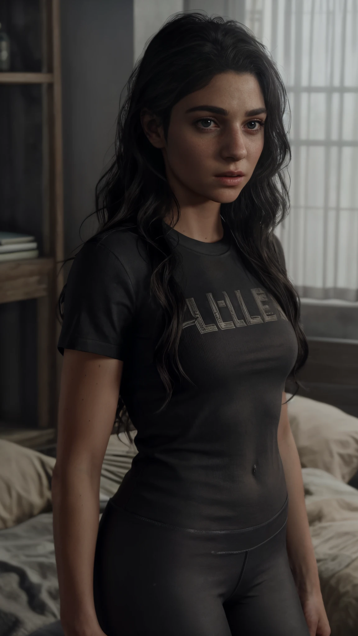 (better quality) 1girl, DinaTLOU2, alone, looking at the Viewer, close-up of thighs, long hairstyle, t-shirt, leggings, big eyes, detailed lips, realistic