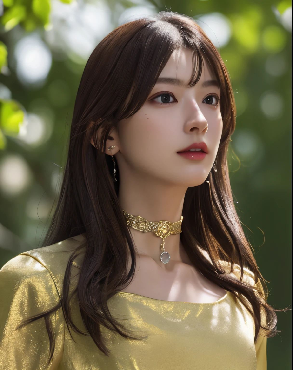 Photorealistic, masutepiece, Best Quality, Raw photo, 1girl in, Solo, Long hair, Brown hair,  Detailed face, alluring face, 耳环、sharp eye、a choker、Neon Shirt、Open jacket、croptop, medium breasts, Dynamic Pose, Looking at Viewer, From below, Detailed background, fine detailed, intricate detailes,  Ray tracing, depth of fields, lowkey, nffsw