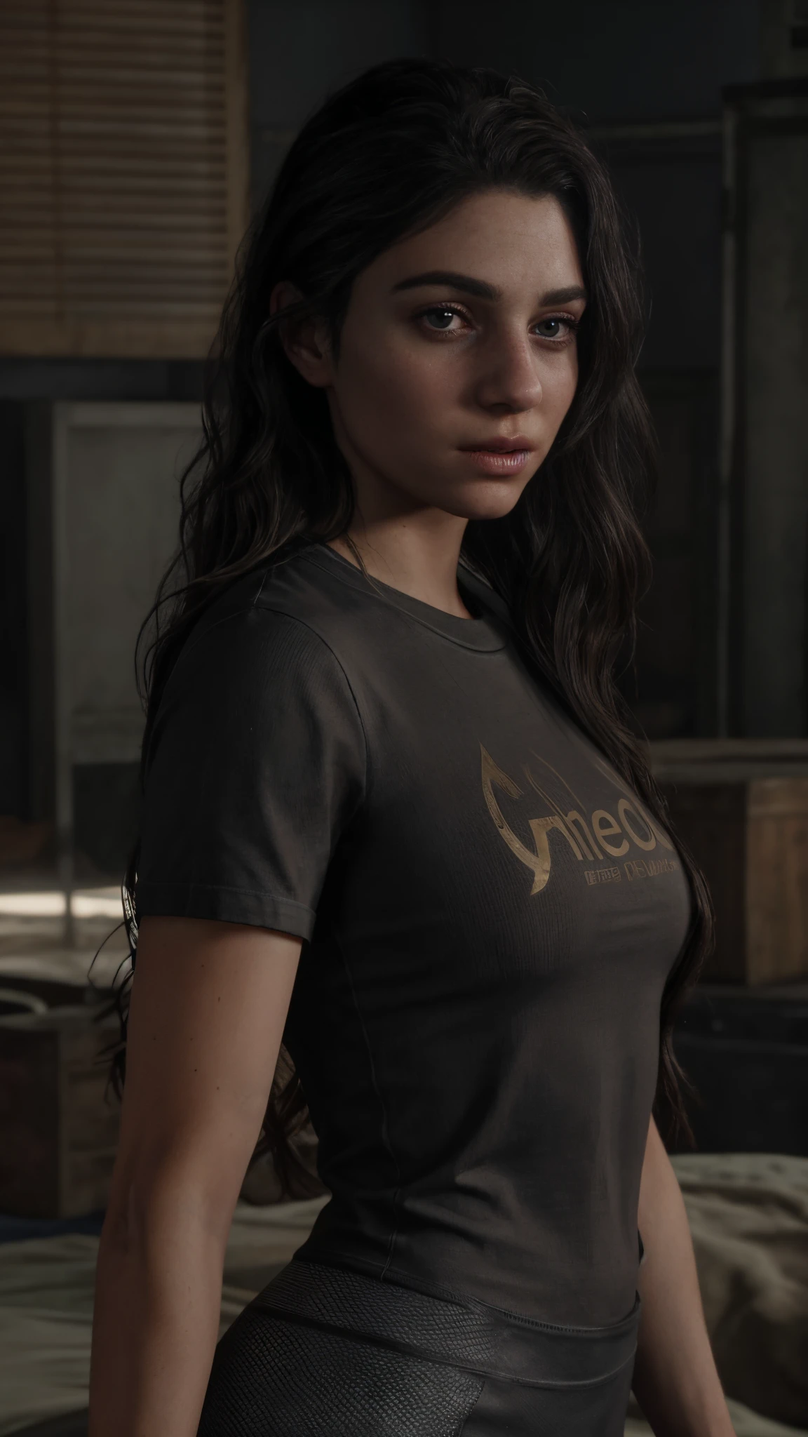 (better quality) 1girl, DinaTLOU2, alone, looking at the Viewer, close-up of thighs, long hairstyle, t-shirt, leggings, big eyes, detailed lips, realistic