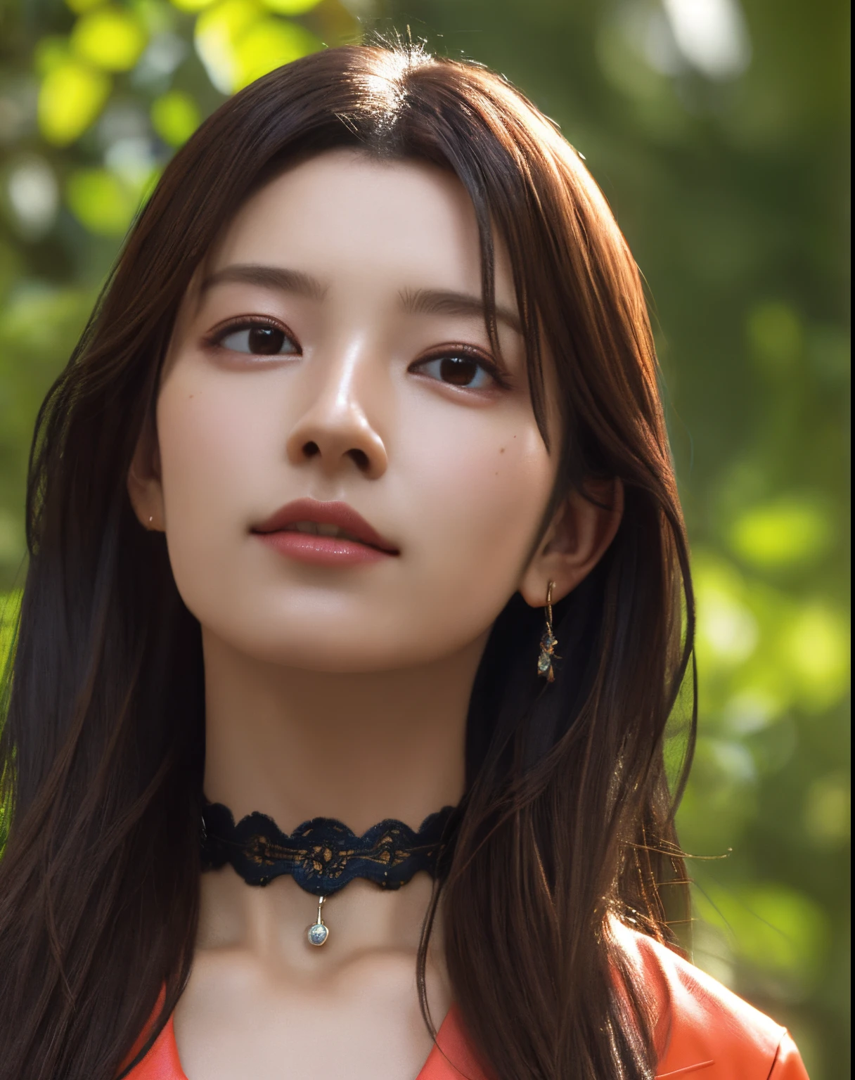 Photorealistic, masutepiece, Best Quality, Raw photo, 1girl in, Solo, Long hair, Brown hair,  Detailed face, alluring face, 耳环、sharp eye、a choker、Neon Shirt、Open jacket、croptop, medium breasts, Dynamic Pose, Looking at Viewer, From below, Detailed background, fine detailed, intricate detailes,  Ray tracing, depth of fields, lowkey, nffsw