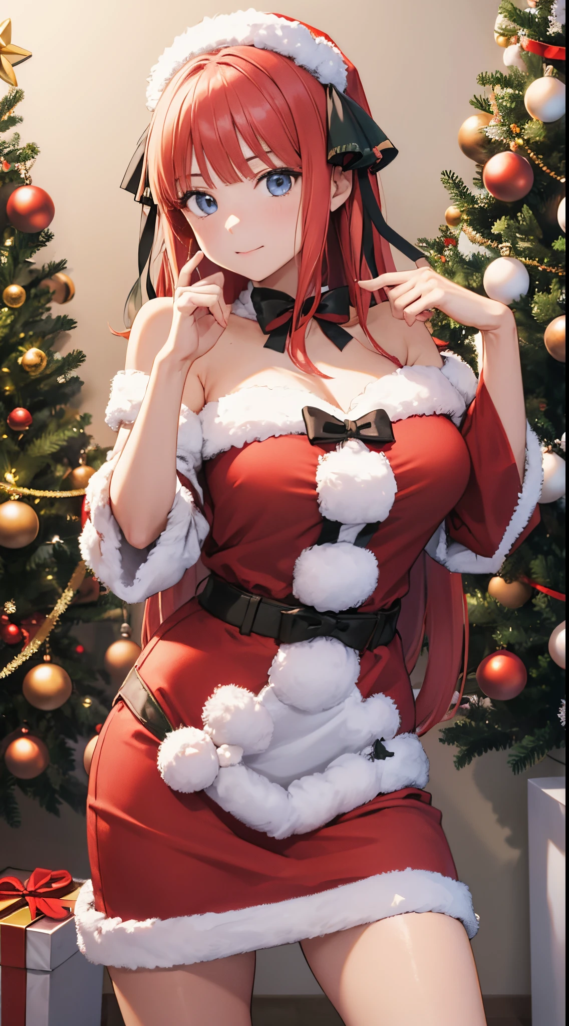 ((La mejor calidad)), ((Obra maestra)), (Detallado), Cara perfecta, Hermosa, ((4k)), SFW, rias gremory, navidad, Christmas Costume, vestida con ropa de navidad, gorro de navidad, ((8k)), tetas a la vista