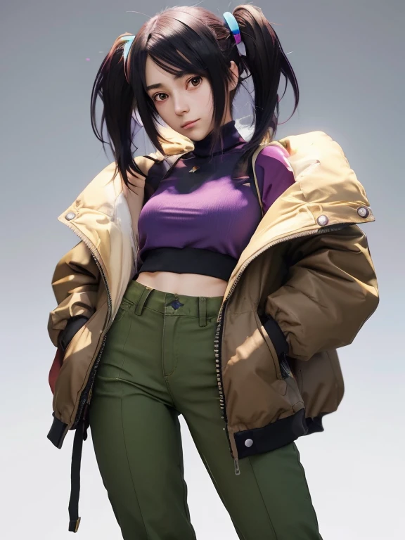 Chica anime con cabello negro, top morado y pantalones verdes., high quality anime artstyle, Obras de arte al estilo de Guweiz, Anime Moe Artstyle, Personaje de estilo anime, Anime visual de una chica linda, Estilo anime, Estilo realista de anime 3D, Personaje femenino de anime, Anime style. 8k, Anime estilo 3D, realistic anime artstyle, Personaje de anime