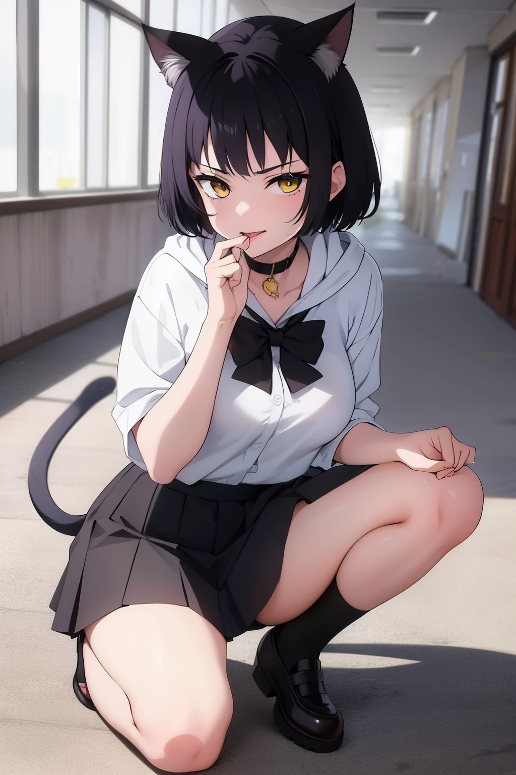 Cute girl, dark green hair, yellow eyes, short hair, cat ears, cat tail, cat collar, sexy ,beautiful eyes,Cute pause, full body,Draw hands better, dark green hair, beautiful smile,, draw the hand well, Lifting her ass, Tongue outside the mouth, bad girl,going to school,school, School clothes, Skirt + hoodie, High quality drawing, She crawls on the ground like a cat and puts her hand near her mouth. There is nothing in the background, an empty background,walk like a cat,