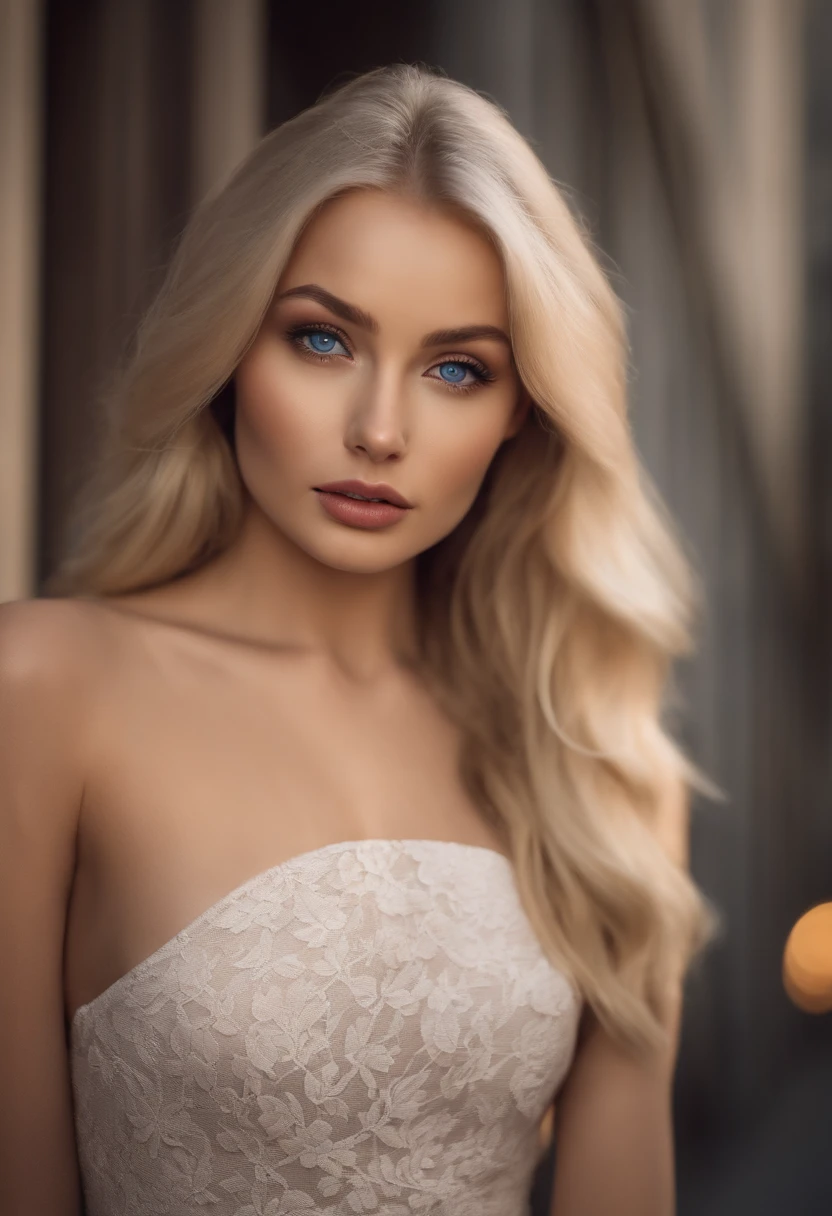 A poised and alluring woman with captivating blue eyes, resembling the ultra-realistic Sophie Mudd. Blonde girl, She wears natural makeup, exudes a sexy charm in a short dress, blonde hair color and poses in London bridge setting with a prominent bust.