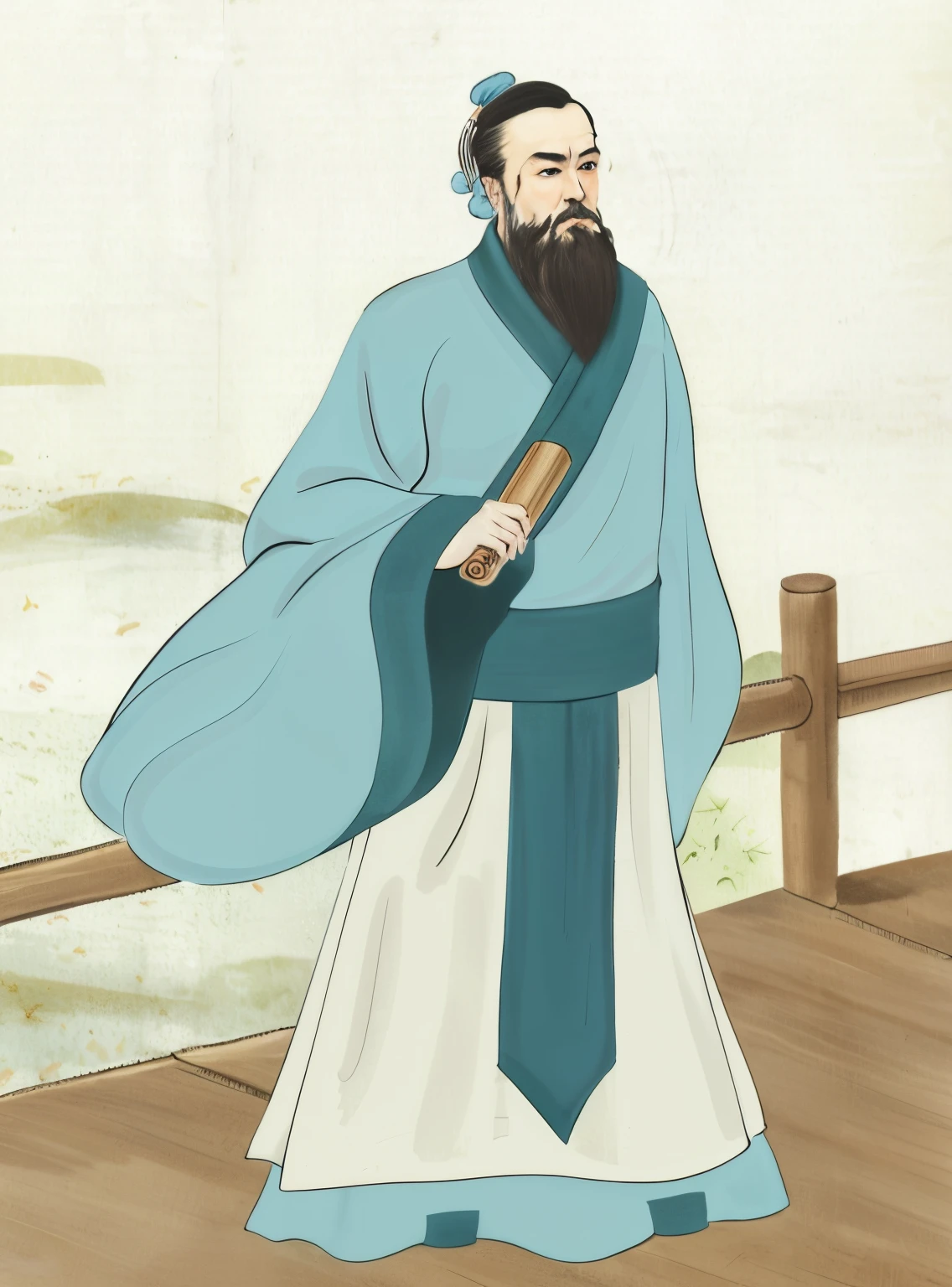 Wearing Chinese Hanfu、wearing blue turban、Confucius, an ancient figure holding a bamboo slip in his hand, stands on the wooden bridge