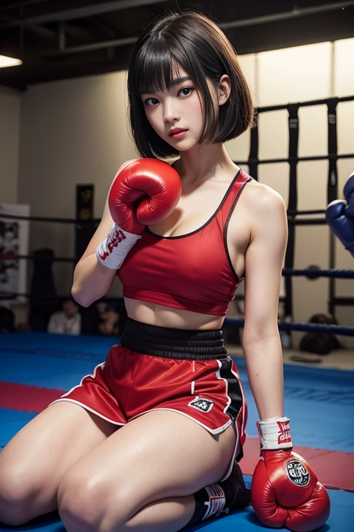 best quality best quality,High quality,masutepiece,Detailed details,hight resolution、Haute,Realistic, resolution,1girl in,Beautiful,beautiful face beautiful face,Beauty of beauty,(shinny skin,bob cut with movement),Looking at Viewer,red blush|blush and dye,, Fatigued look,Impatient expression,sit down in frustration,Black hair,(erectile nipple,large swaying chest,A slender,),Studio Lighting、(((Do kickboxing、boxing uniform、hit、Boxing gloves)))、Sweating、Training room、training gym、