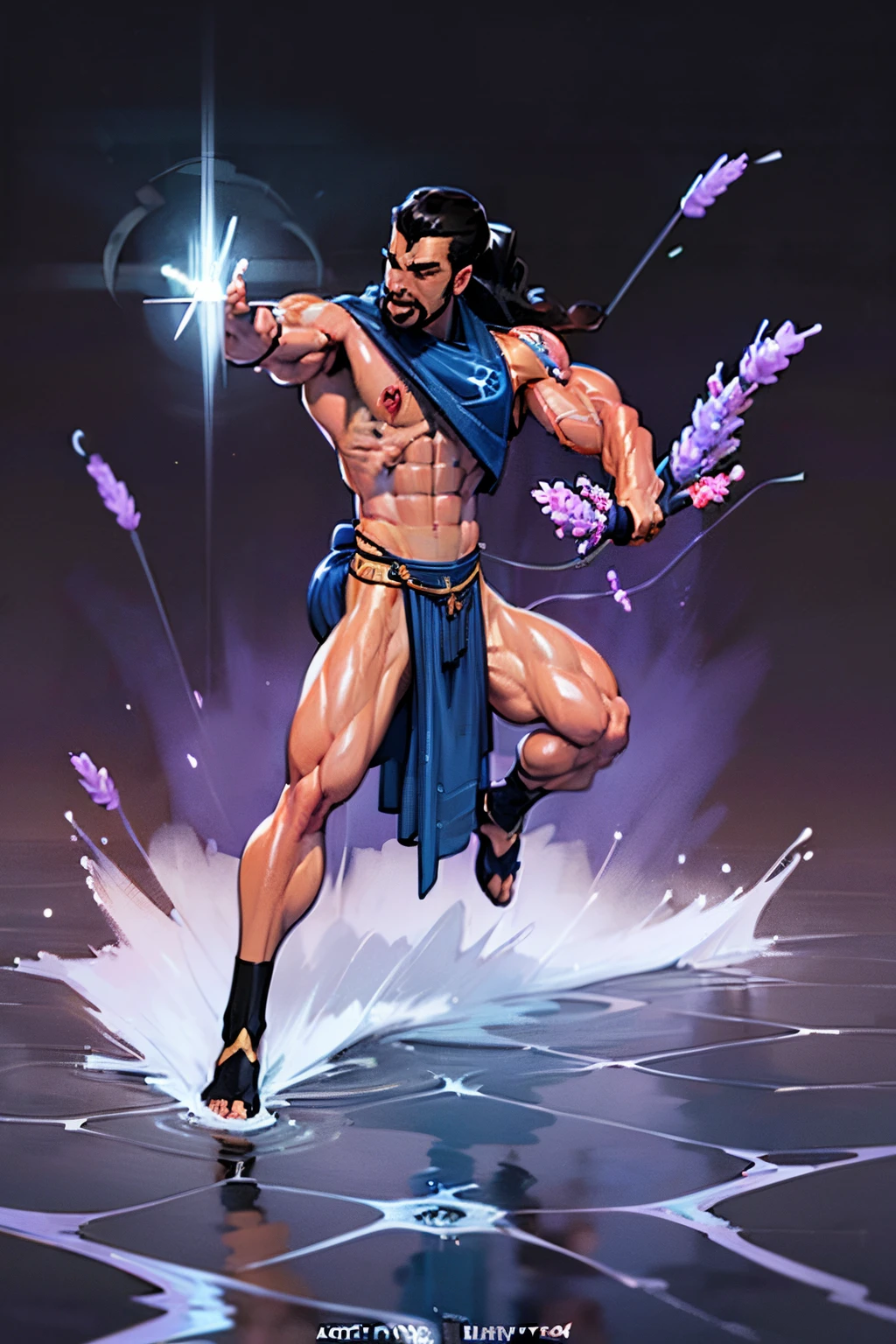 ((Action pose:1.5)), a painting of a (((muscular))) man with an axe, large body of water surrounds man, The God Poseidon, ((thick muscular thighs)), The God of the Sea, brown loincloth, golden crown, The God Hades, Poseidon, Charon, colored lavender skin, colored skin, ((light lavender skin:1.4)),((light lavender face)), ((light lavender feet)), ((lavender arms)), The Boatman of Hades, God of the Ocean, God of the Underworld, Hades, God Shiva the Destroyer, Furious God Zeus, Like an Atlantean, ((black hair)), veiny biceps, chiseled abs, muscular legs, rugged face, long hair in ponytail, masterpiece, 8k