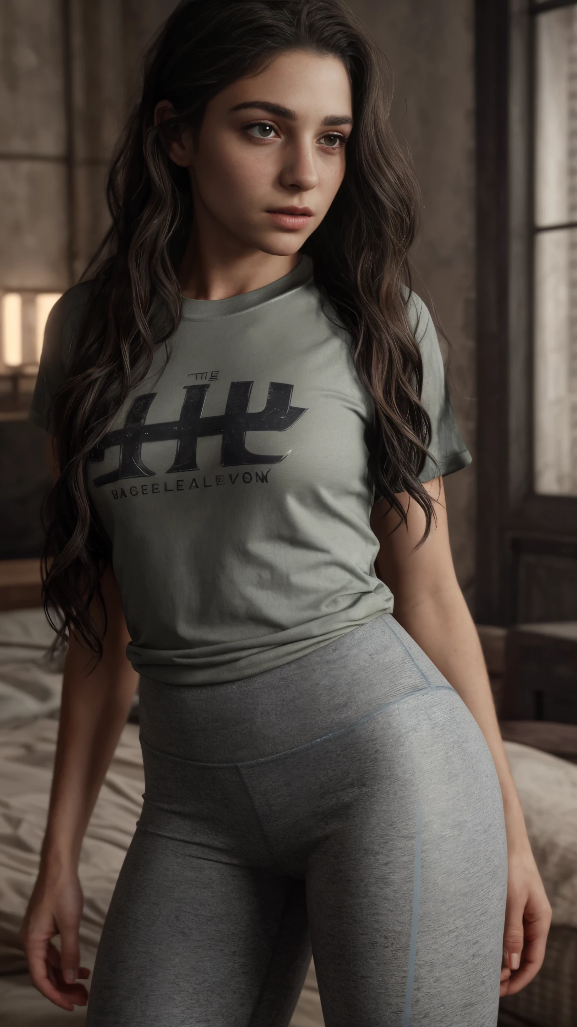 (better quality) 1girl, DinaTLOU2, alone, looking at the Viewer, close-up of thighs, long hairstyle, t-shirt, leggings, big eyes, detailed lips, realistic