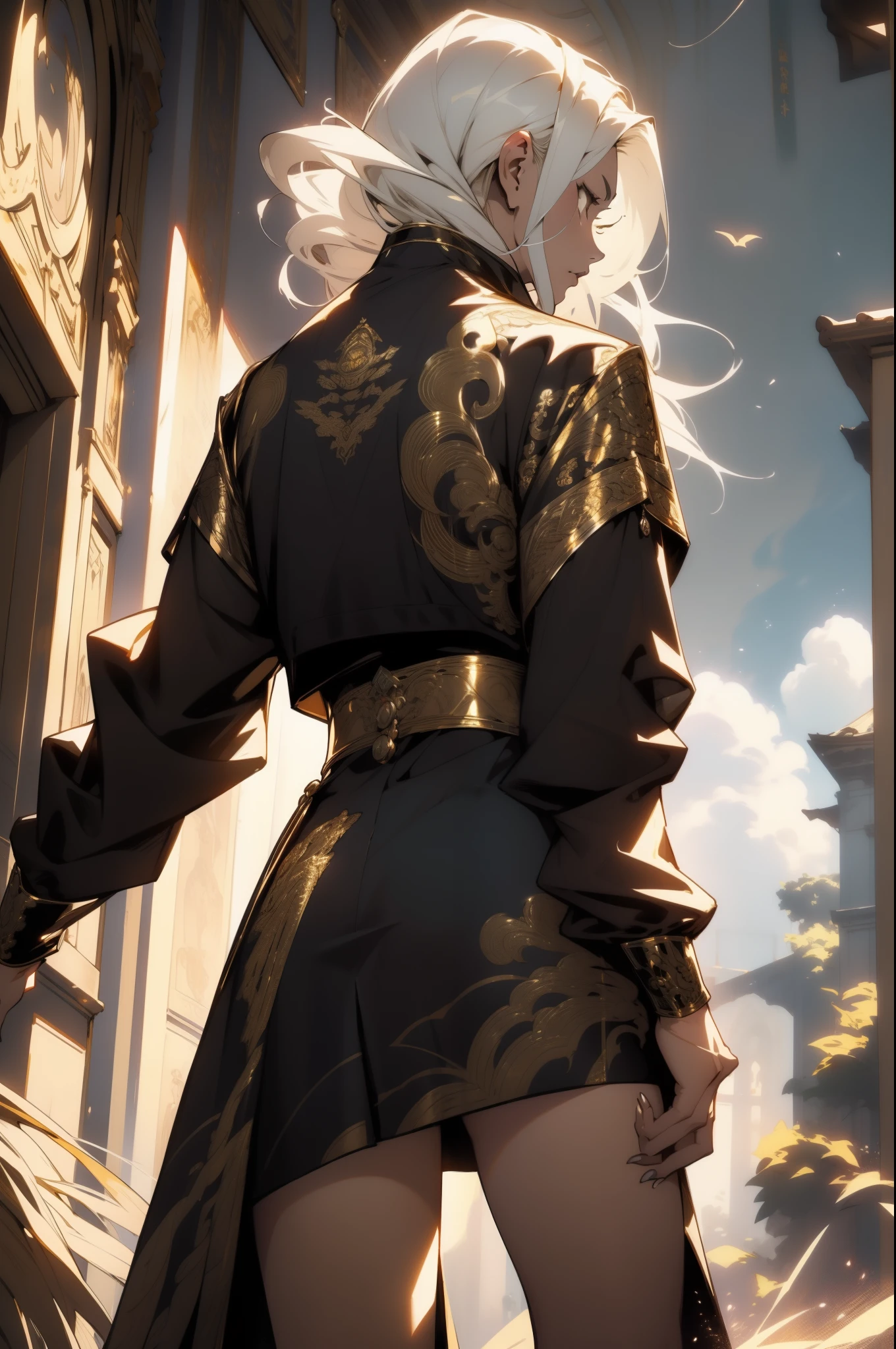 (from behind) distant from subject, highly detailed face, realistic face, golden katana,(oversized clothes:1.2), miniskirt, (dark coat with ornate golden embroidery, golden embellished), (white hair, golden streaks on hair), yellow eyes, thigh strap, (neo city), (clouds), add_detail:1, hair over one eye, largest_breasts!!, (ultra-detailed), hyper details, (intricate details), (cinematic light, best quality Backlights), from pov, perfect body, ), (crown: 1.1), Proud, high contrast, (best illumination, an extremely calm and beautiful),, brown skin, Daylight, 1girl, gold skin, jujutsu kaisen style, (masterpiece), best quality, , Energy radiating from the character's body., Intense concentration on the character's face.