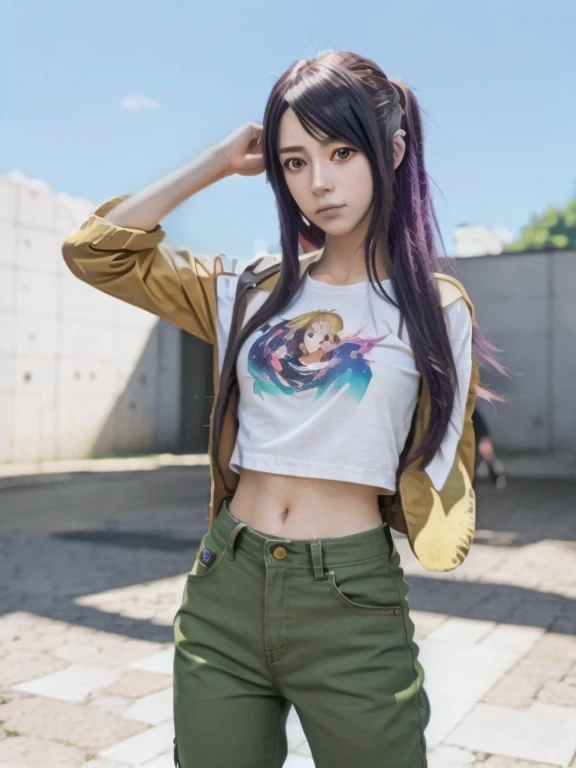 Chica anime con cabello negro, top morado y pantalones verdes., high quality anime artstyle, Obras de arte al estilo de Guweiz, Anime Moe Artstyle, Personaje de estilo anime, Anime visual de una chica linda, Estilo anime, Estilo realista de anime 3D, Personaje femenino de anime, Anime style. 8k, Anime estilo 3D, realistic anime artstyle, Personaje de anime