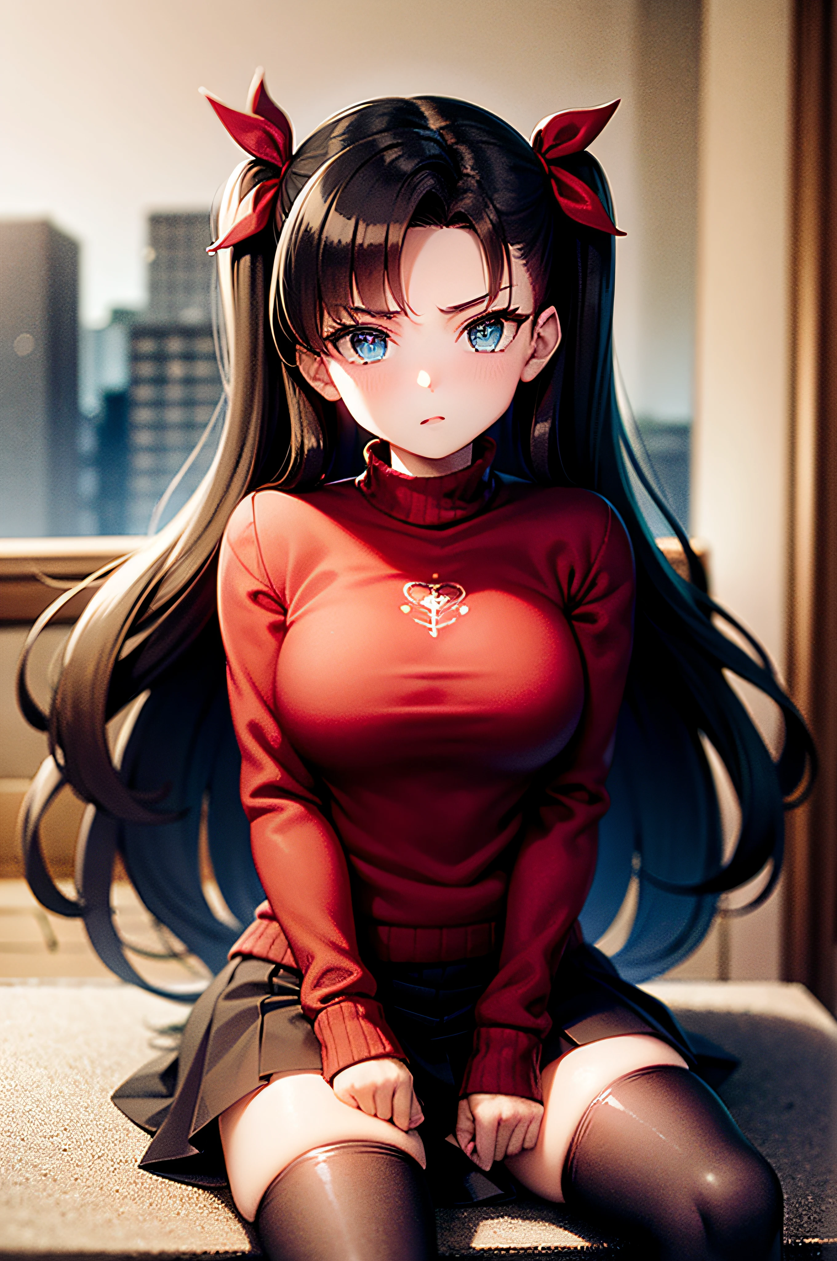 (masterpiece), best quality, expressive eyes, perfect face, 1girl, solo, rintohsaka, rin tohsaka, aqua eyes, black hair, hair ribbon, long hair, ribbon, sidelocks, two side up, black skirt, black thighhighs, long sleeves, miniskirt, pleated skirt, ((red sweater)), skirt, sweater, thighhighs, turtleneck, city background, sitting, character sheet, upper body, portrait, looking at viewer