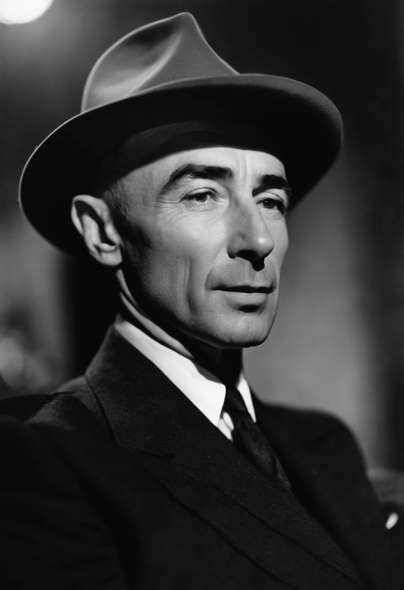 A photo of Oppenheimer attending a live performance of a Shakespearean play at a historic theater.,World War II,J. Robert Oppenheimer was a slender, sharp-featured man, often seen with a cigarette in hand, which complemented his contemplative demeanor. He had deep-set eyes and a prominent nose, which, alongside his habitual wearing of a pork pie hat, gave him a distinctive silhouette.