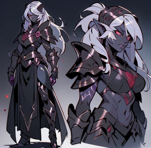 No_text, black_Skin, (((Drow))), medium_Breast, HD, rich color, detail, light, masterpiece, masterpiece, fantasy art, epic exquisite character art, stunning characters, (reference sheet:1.9), blood red eyes, fangs, dark_deep_purple_hair, Concept art, front_view, right_side, left_Side,1girl, black_skin, evil_scary_armour, dark_elfl,muscular, tone, a young female warrior,  armor is monsterous , red eyes, fierce, dark purple eyes, fangs, Halberd