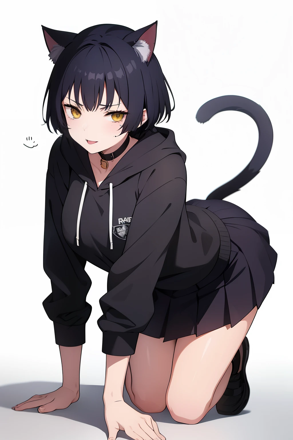 Cute girl, dark green hair, yellow eyes, short hair, cat ears, cat tail, cat collar, sexy ,beautiful eyes,Cute pause, full body,Draw hands better, dark green hair, beautiful smile,, draw the hand well, Lifting her ass, Tongue outside the mouth, bad girl,going to school,school, School clothes, Skirt + hoodie, High quality drawing, She crawls on the ground like a cat and puts her hand near her mouth. There is nothing in the background, an empty background,walk like a cat,