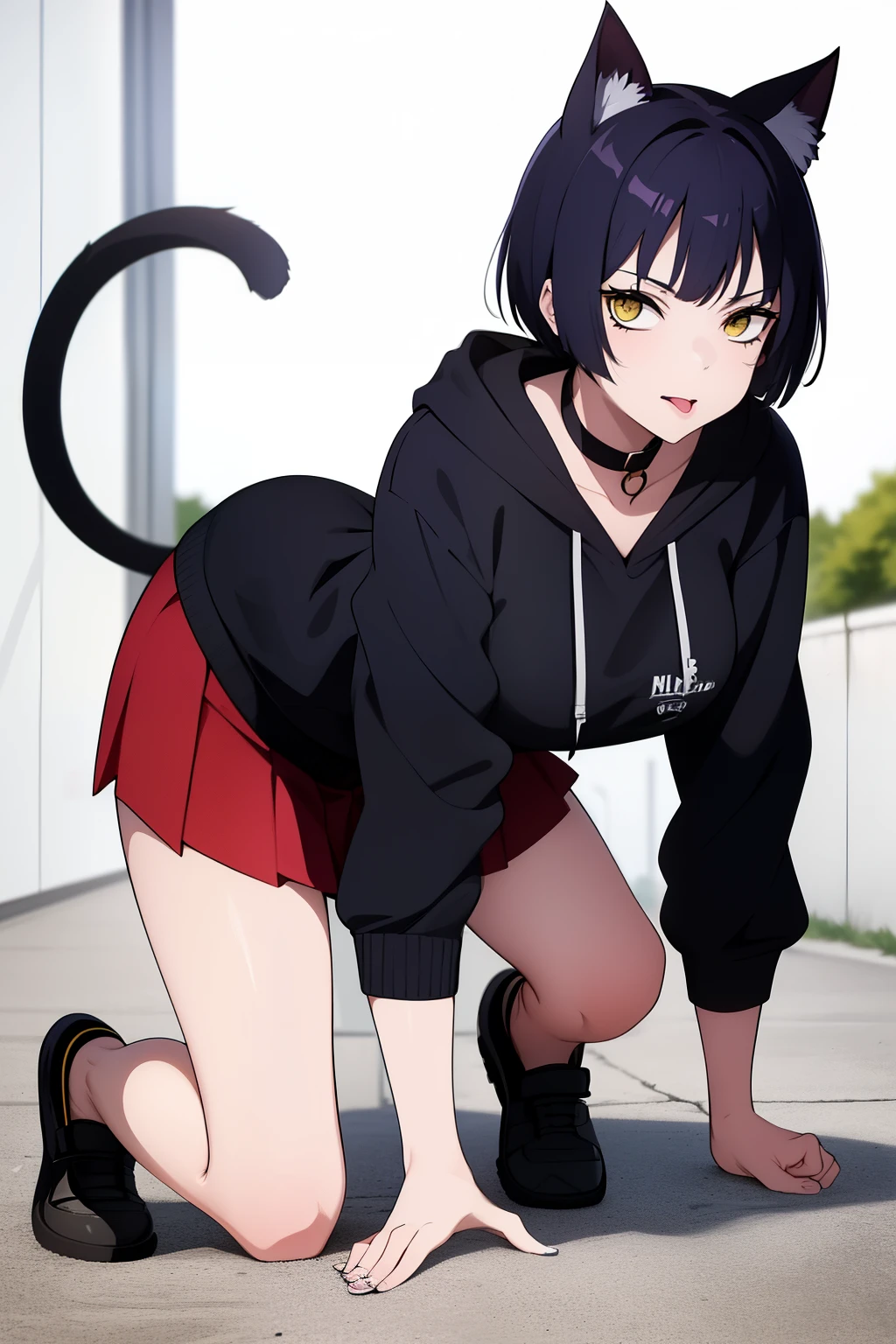 Cute girl, dark green hair, yellow eyes, short hair, cat ears, cat tail, cat collar, sexy ,beautiful eyes,Cute pause, full body,Draw hands better, dark green hair, beautiful smile,, draw the hand well, Lifting her ass, Tongue outside the mouth, bad girl,going to school,school, School clothes, Skirt + hoodie, High quality drawing, She crawls on the ground like a cat and puts her hand near her mouth. There is nothing in the background, an empty background,walk like a cat,