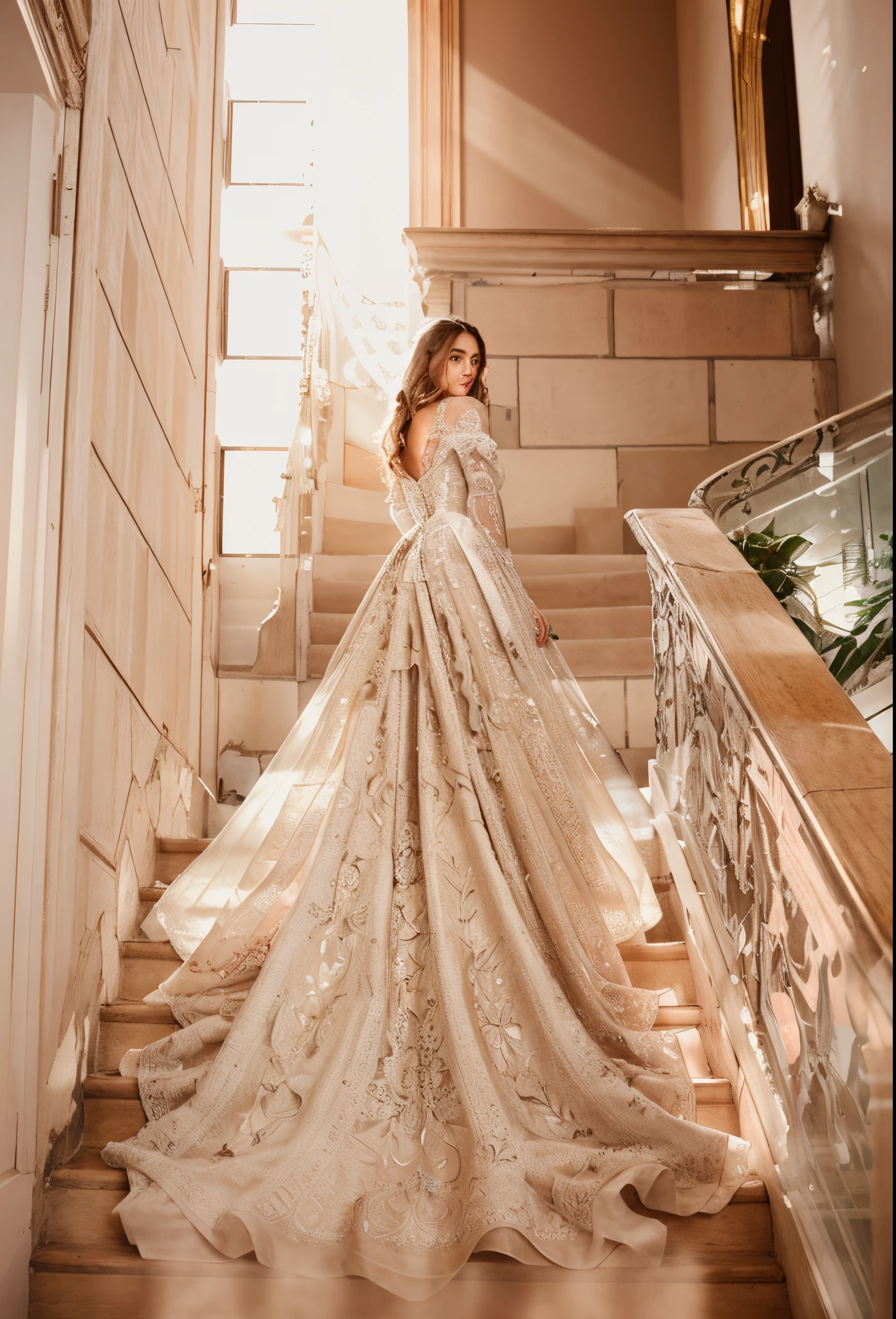 a woman in a wedding dress is walking up the stairs, intricate gown, detailed intricate elegant, dreamy and detailed, full of details, high intricate details, voluminous sleeves, with intricate details, an intricate dress, intricate high details, exquisite details, stunning intricate details, stunning details, ornate and flowing, ornate and hyper detailed, intricate detailed dress