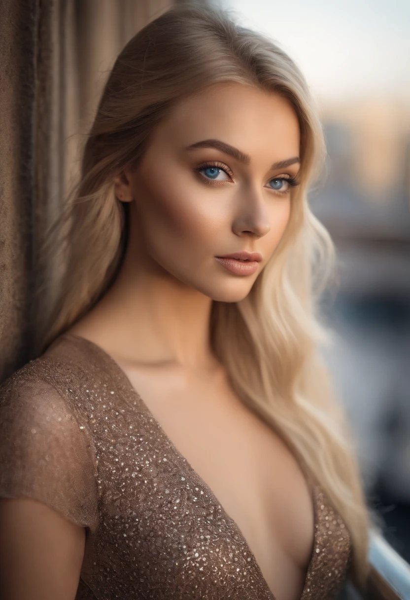 A poised and alluring woman with captivating blue eyes, resembling the ultra-realistic Sophie Mudd. Blonde girl, She wears natural makeup, exudes a sexy charm in a short dress, blonde hair color and poses in London bridge setting with a prominent bust.