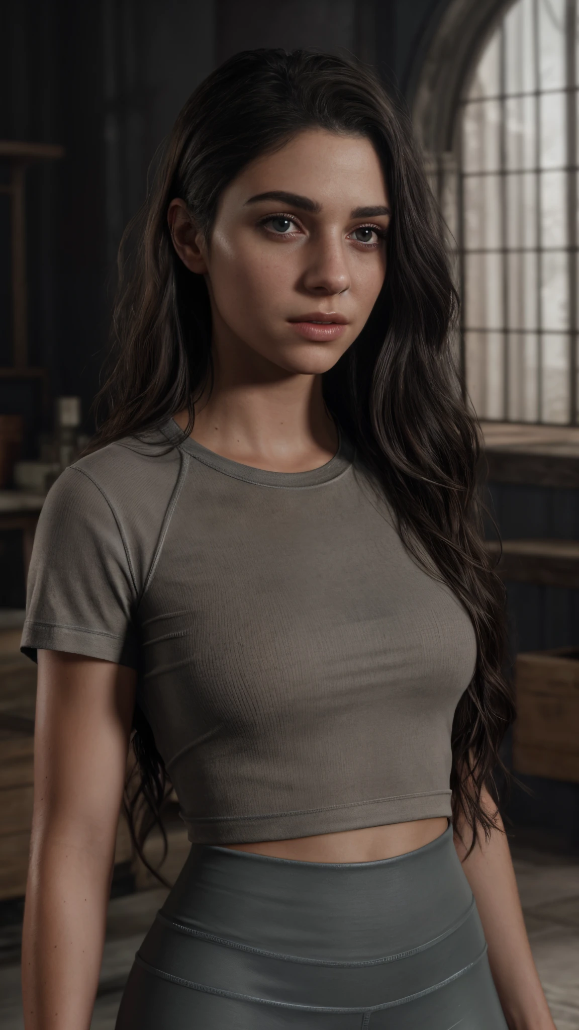 (better quality) 1girl, DinaTLOU2, alone, looking at the Viewer, close-up of thighs, long hairstyle, t-shirt, leggings, big eyes, detailed lips, realistic