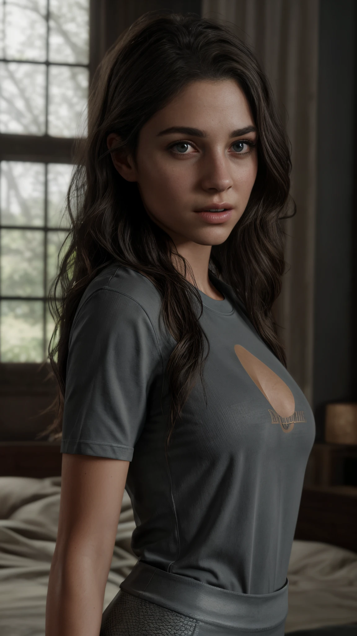 (better quality) 1girl, DinaTLOU2, alone, looking at the Viewer, close-up of thighs, long hairstyle, t-shirt, leggings, big eyes, detailed lips, realistic