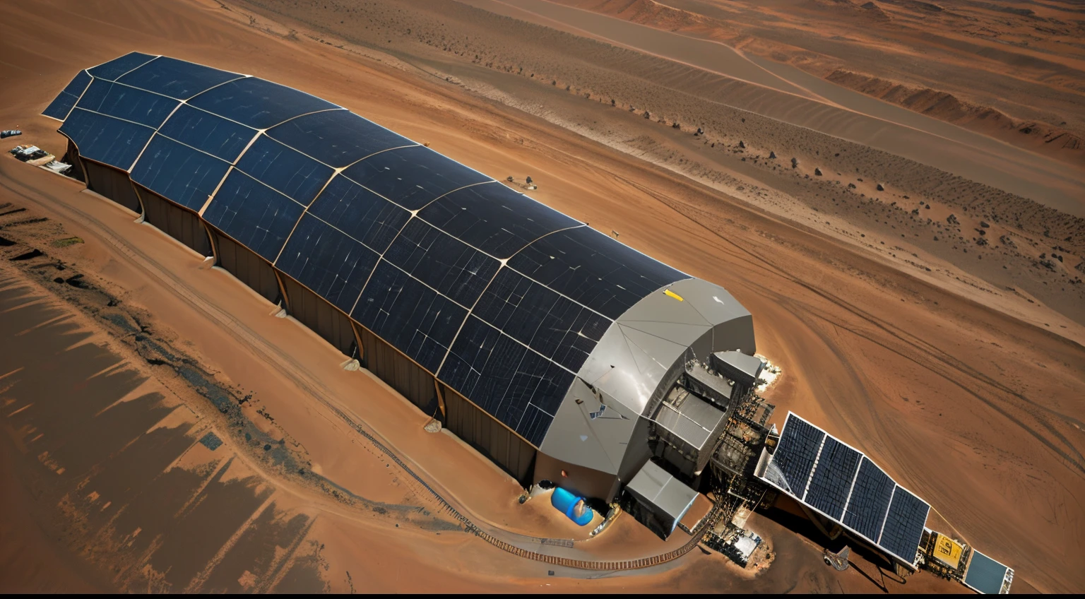 Building a solar power plant on Mars, neat, high-tech robotic arm, lifelike metal details, ultra-realistic, bright, bird's-eye view, ultra-wide angle, high reality, light and dark