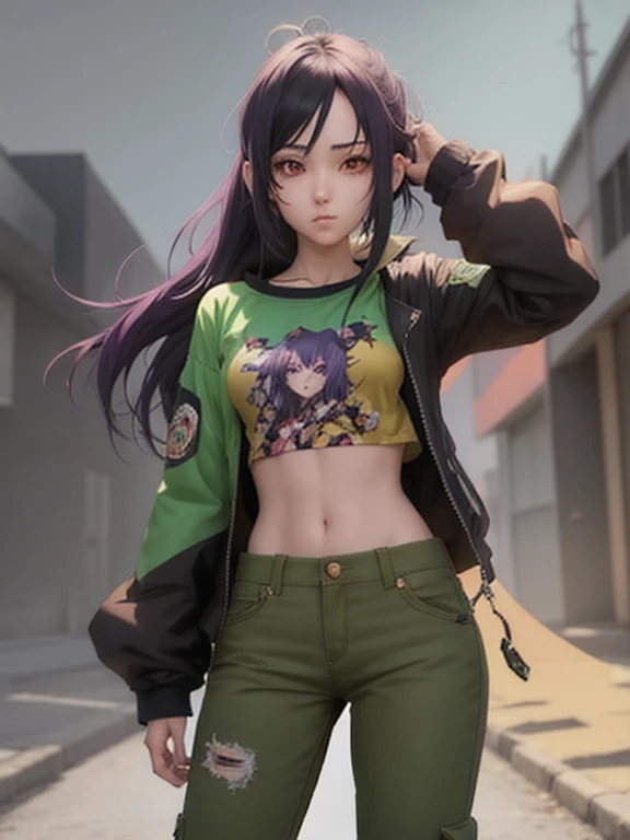 Chica anime con cabello negro, top morado y pantalones verdes., high quality anime artstyle, Obras de arte al estilo de Guweiz, Anime Moe Artstyle, Personaje de estilo anime, Anime visual de una chica linda, Estilo anime, Estilo realista de anime 3D, Personaje femenino de anime, Anime style. 8k, Anime estilo 3D, realistic anime artstyle, Personaje de anime