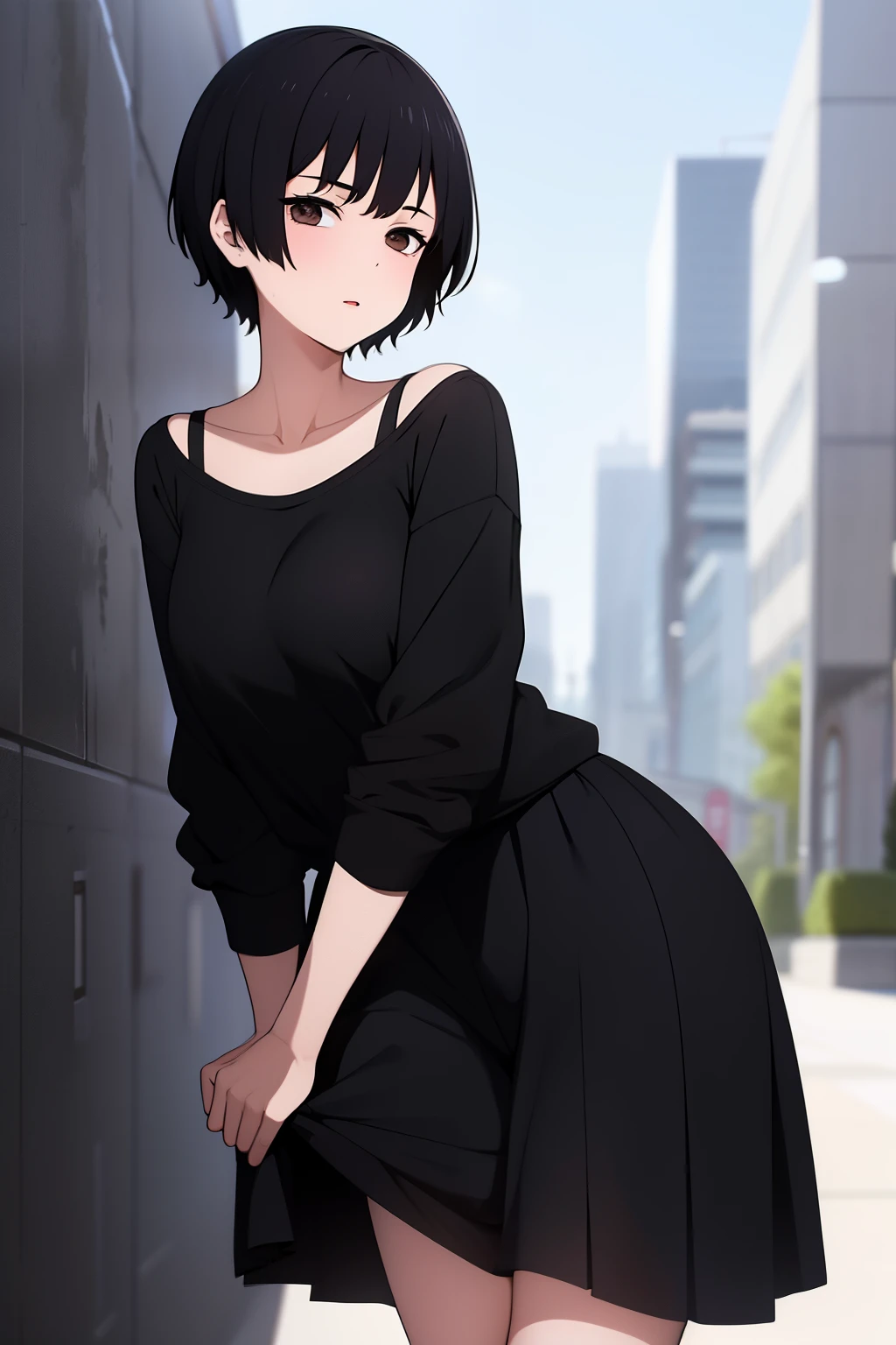 Cute boy, short black hair pulled up, black clothes, full body