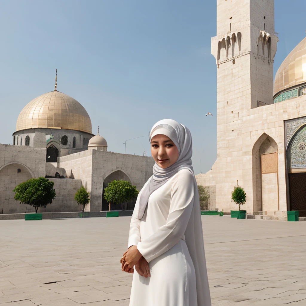 best quality, masterpiece, (photorealistic:1.4). a hijab woman,dress, light smile. waist up, dramatic lighting, taj mahal,3DMM