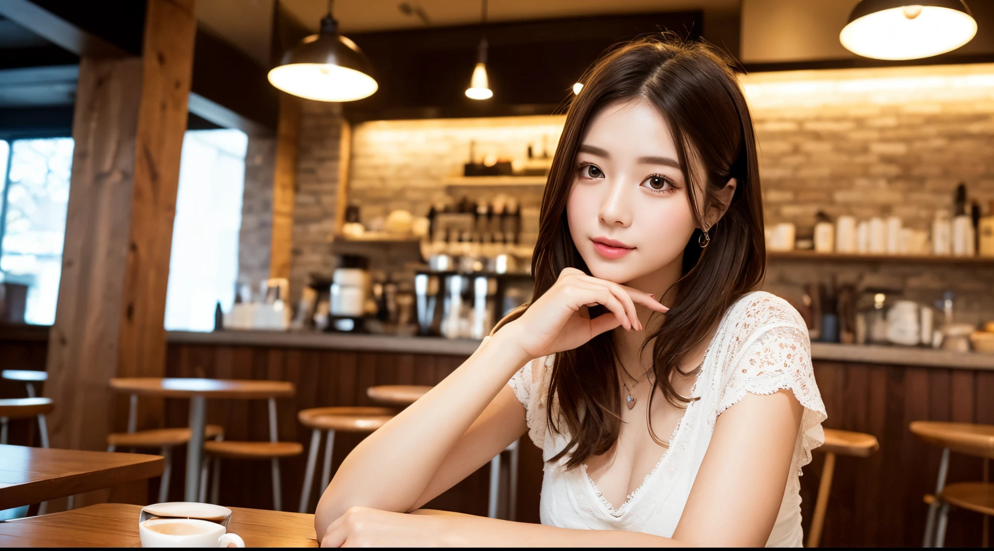 photoRealstic、Drawing of a girl with angel wings、Beautiful Angel Girl、Close one eye、Luxurious rooms in the coffee shop、Strawberry Shortcake and Coffee Set