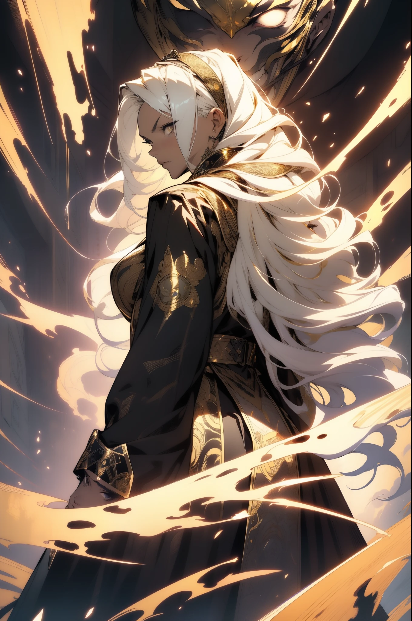 (from behind) distant from subject, highly detailed face, realistic face, golden katana,(oversized clothes:1.2), miniskirt, (dark coat with ornate golden embroidery, golden embellished), (white hair, golden streaks on hair), yellow eyes, thigh strap, (neo city), (clouds), add_detail:1, hair over one eye, largest_breasts!!, (ultra-detailed), hyper details, (intricate details), (cinematic light, best quality Backlights), from pov, perfect body, ), (crown: 1.1), Proud, high contrast, (best illumination, an extremely calm and beautiful),, brown skin, Daylight, 1girl, gold skin, jujutsu kaisen style, (masterpiece), best quality, , Energy radiating from the character's body., Intense concentration on the character's face