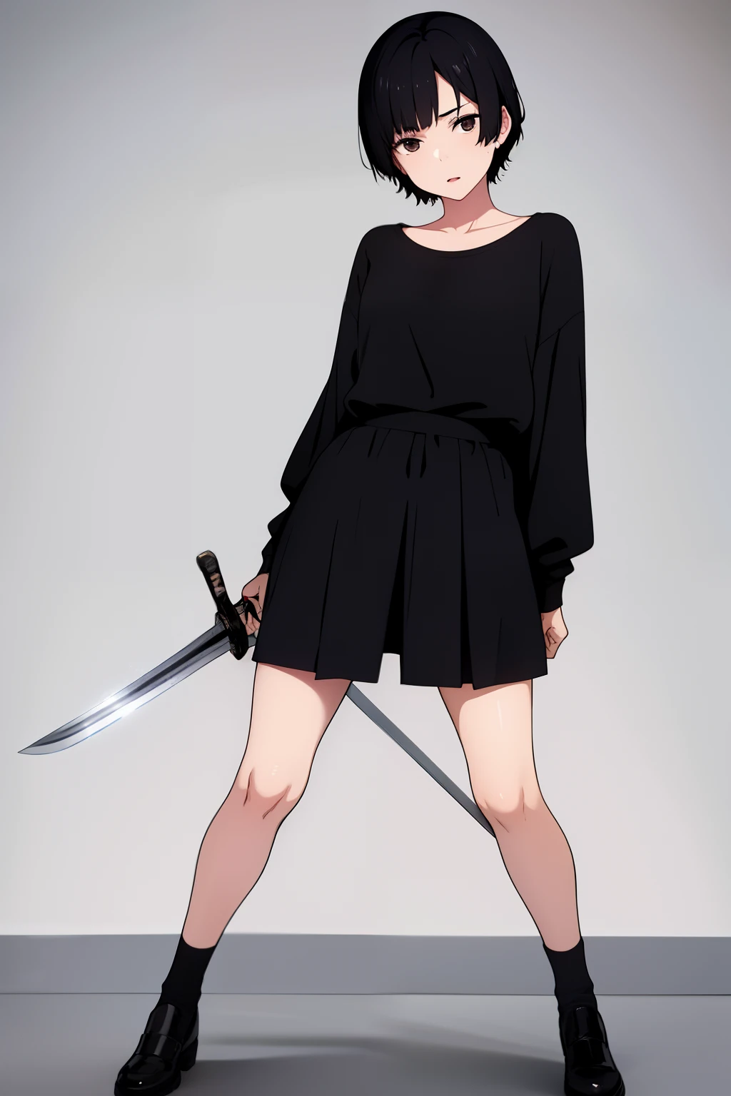 Cute boy, short black hair pulled up, black clothes, full body, sword