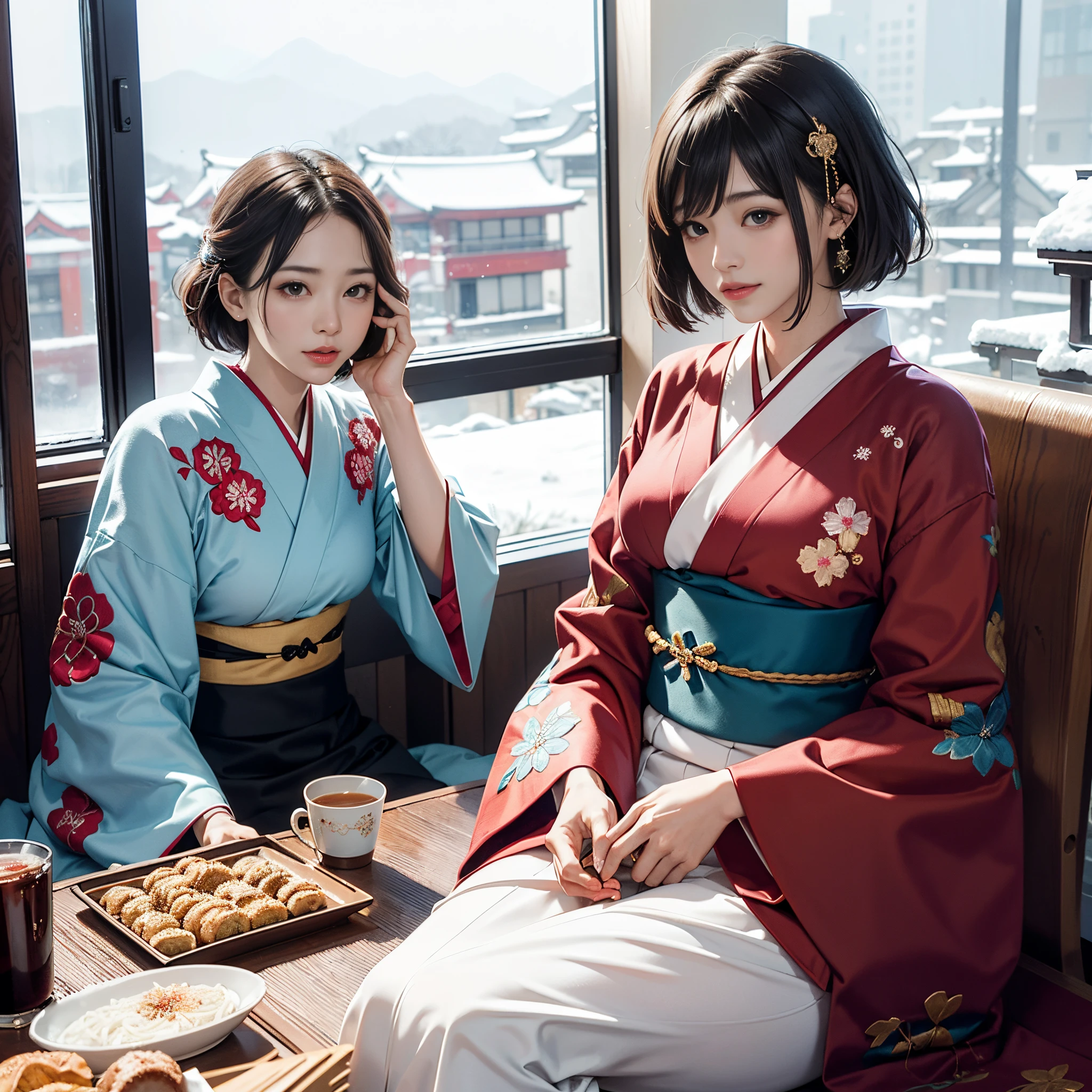 Background of details(Outside the window is the snowy city of Kyoto),BREAK ,elaborate costume(Luxurious Japan kimono(Colorful kimono(detailed embroidery))),BREAK,(1 Beautiful and classy adult woman(huge smile:1.2)(Japanese actressl:1.2)(A dark-haired:1.2(short-hair:1.2)(inner colored(reddish)))),(eye glass:1.2),(eating zaru soba),BREAK,Wallpapers 16K,Blur the background,)(masutepiece,Best Quality,Portrait photos):1.5),full body Esbian