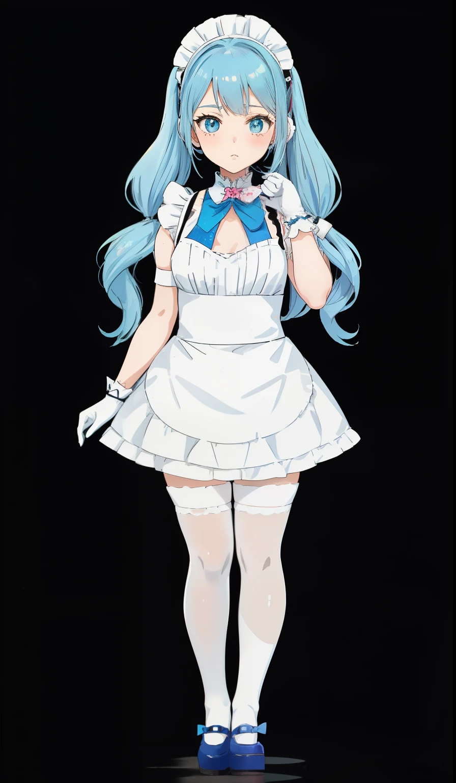 a cartoon girl in a maid outfit with blue hair and a white dress, anime girl in a maid costume, anime cat girl in a maid costume, maid outfit, anime girl named lucy, anime moe artstyle, !!full body portrait!!, twintails white_gloves, anime maids riding early tanks, small curvy , anime full body illustration