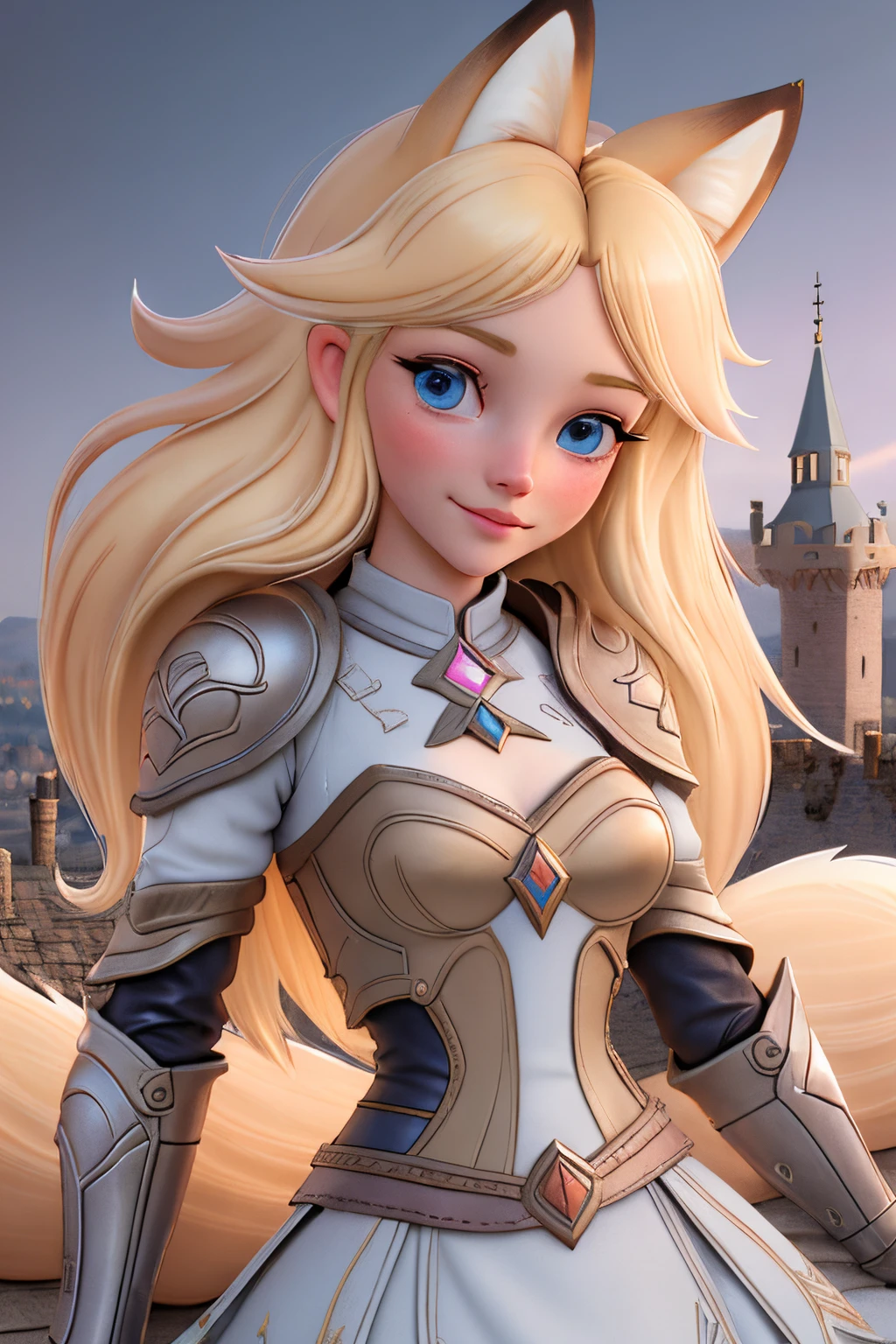 close up 1girl in, teenager, Solo, Aesthetic artwork, blond, straight blonde hair, super long blonde hair, light blue eyes,  some small freckles, pale skin, medium breasts, runners body, (thin hips, thin waist: 1.25), (arched back:1.12), detailed skin, neutral face, shy smile, (laying down: 1.25), wearing leather Warcraft armor, World of Warcraft for the alliance, Janea Proudmore, (dirty blond fox ear:1.25), (detailed Castle roof background:1.1), rooftop, overlooking medieval city, 24mm, 4k textures, soft cinematic light, RAW intricate, elegant, highly detailed, sharp focus, ((((cinematic look)))), soothing tones, insane details, intricate details, hyperdetailed, low contrast, soft cinematic light, dim colors, exposure blend, hdr, faded