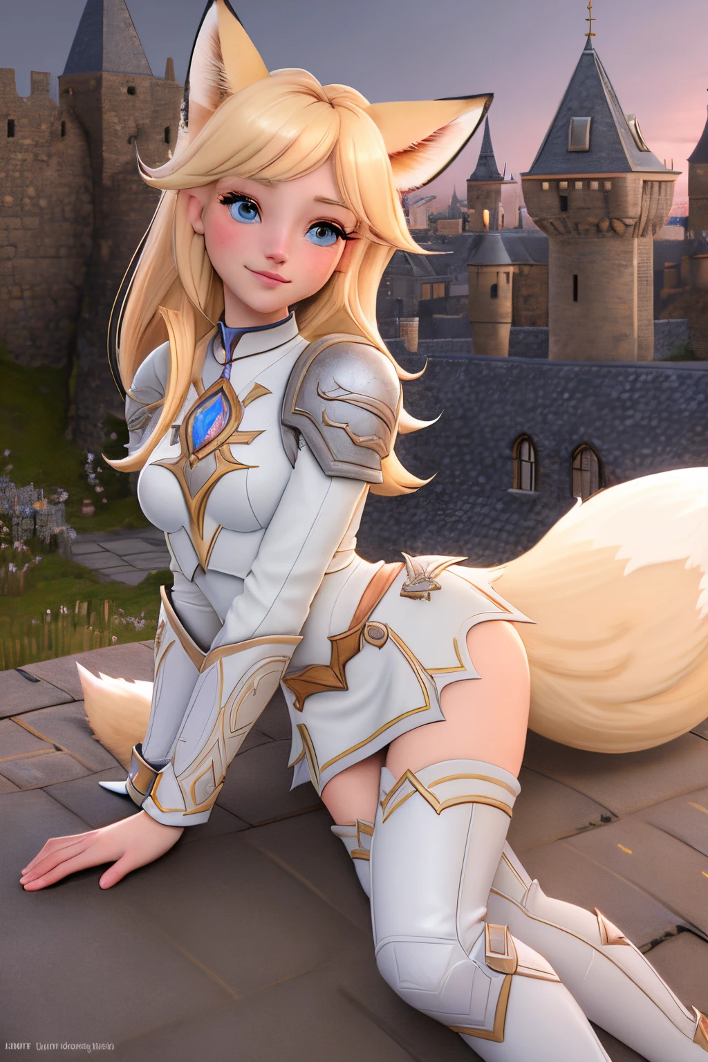 close up 1girl in, teenager, Solo, Aesthetic artwork, blond, straight blonde hair, super long blonde hair, light blue eyes,  some small freckles, pale skin, medium breasts, runners body, (thin hips, thin waist: 1.25), (arched back:1.12), detailed skin, neutral face, shy smile, (laying down: 1.25), wearing leather Warcraft armor, World of Warcraft for the alliance, Janea Proudmore, (dirty blond fox ear:1.25), (detailed Castle roof background:1.1), rooftop, overlooking medieval city, 24mm, 4k textures, soft cinematic light, RAW intricate, elegant, highly detailed, sharp focus, ((((cinematic look)))), soothing tones, insane details, intricate details, hyperdetailed, low contrast, soft cinematic light, dim colors, exposure blend, hdr, faded