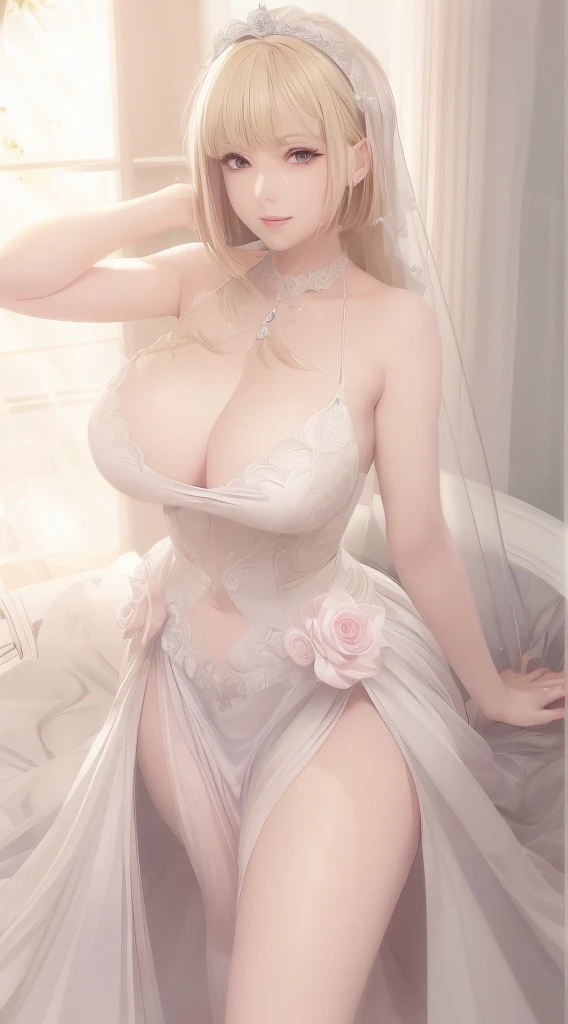 Blonde woman in a wedding dress posing for a photo, beautiful alluring anime woman, [ 4 k digital art ]!!, anime goddess,  in dress, Seductive Anime Girl, 8k high quality detailed art, Detailed Digital Anime Art, pixiv 3dcg, Commission for high resolution, | Fine Detail Anime, Smooth Anime CG Art, Blonde goddess
