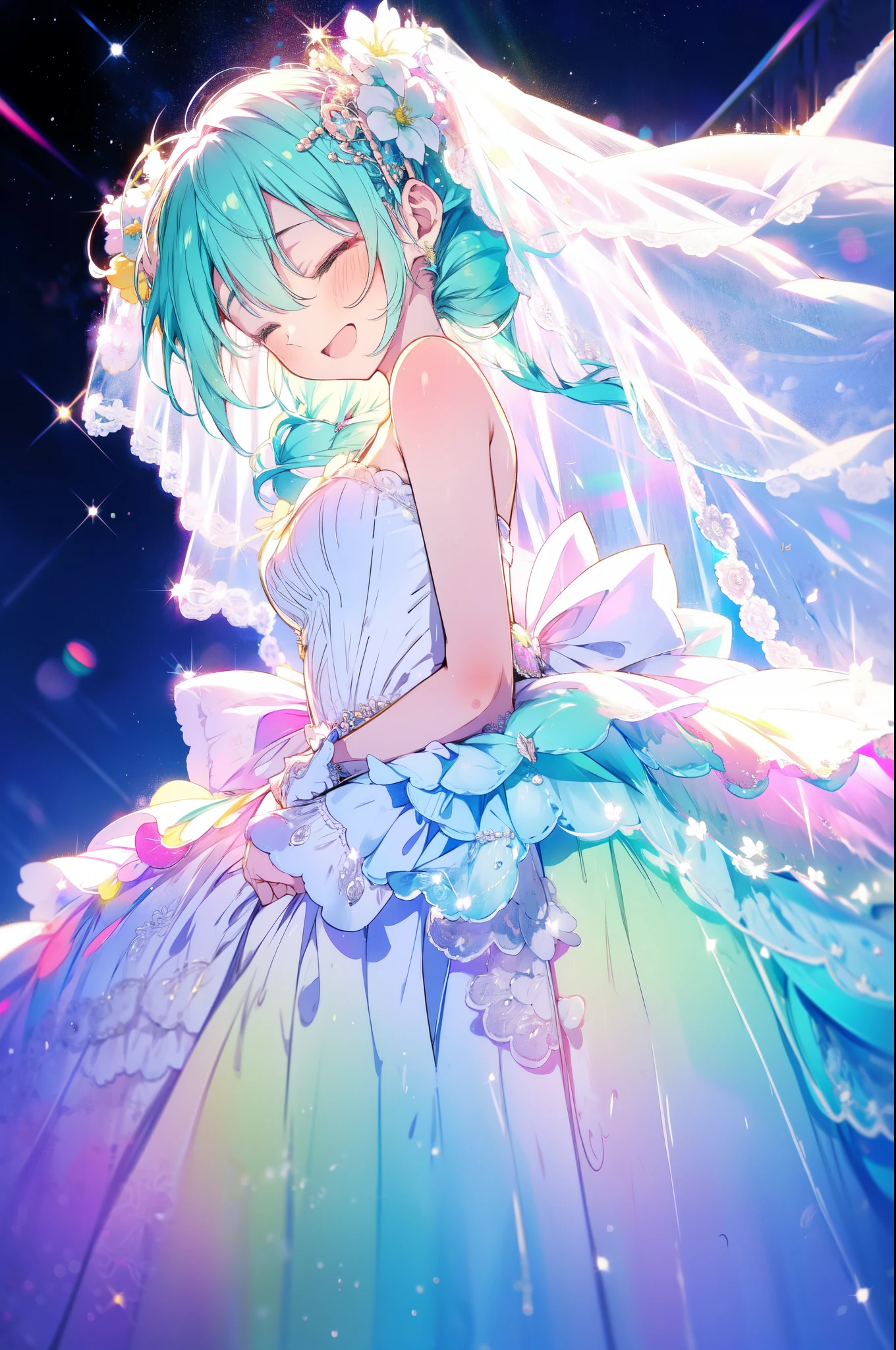 miku hatsune, sweets dream, colorful world, Cute, pastels, love, ((wedding dress)), closed eyes smile, Smile with open mouth, top-quality, Masterpiece