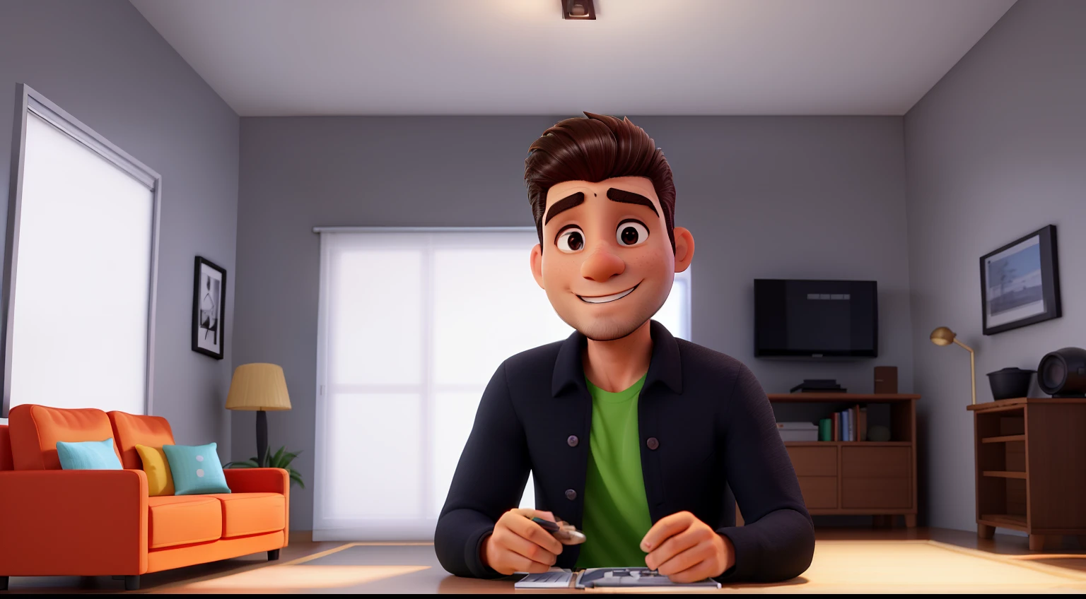 homem de 40 anos moreno, cabelo  preto, usando aparelho nos dentes e sorrindo discretamente ; environment in your home in the sitting room illuminated by cinematic light, luz suave, retroiluminado, micro detalhes, renderizado, fotorrealista, cinemactic , 85 mm 1,4