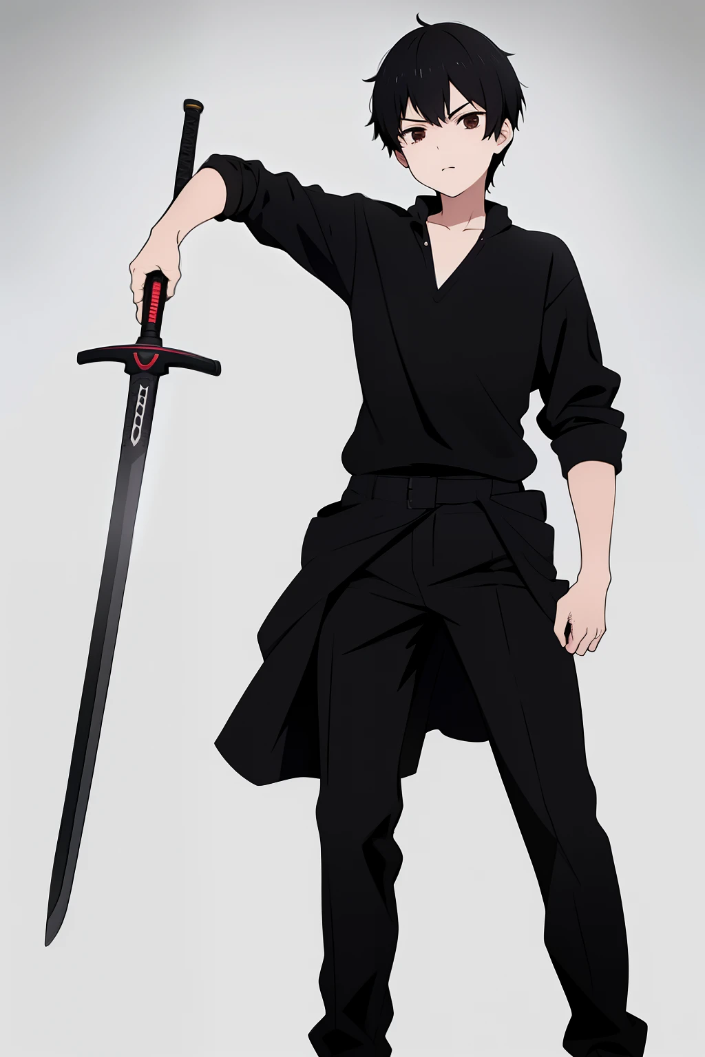 Cute boy, short black hair pulled up, black clothes, full body, sword,boy, a young boy