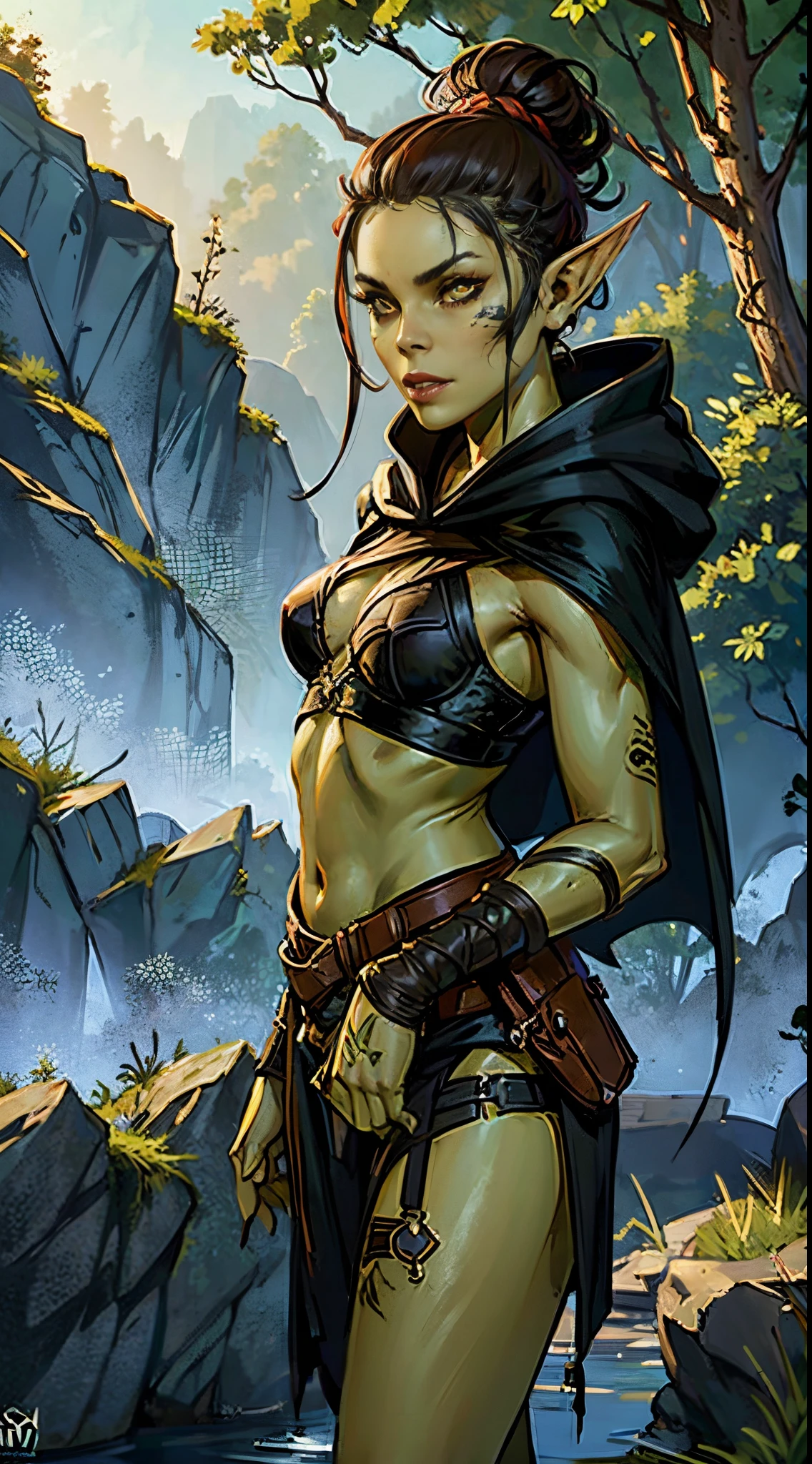 1girl, sexy githyanki, (green skin:1.3), black short hair bun, orange eyes, pointy ears, navel, midriff, black hooded cloak, black cape, garter, black belt, brown pouch, medium breasts, athletic, standing in the forest,  small river, highly detailed face and eyes, sunlight, midday, best quality, masterpiece, realistic, anatomically correct, stunning details, intricate details, 8k post-production, high resolution, super details, trending on ArtStation, sharp focus, depth of field f/1.8, studio photos