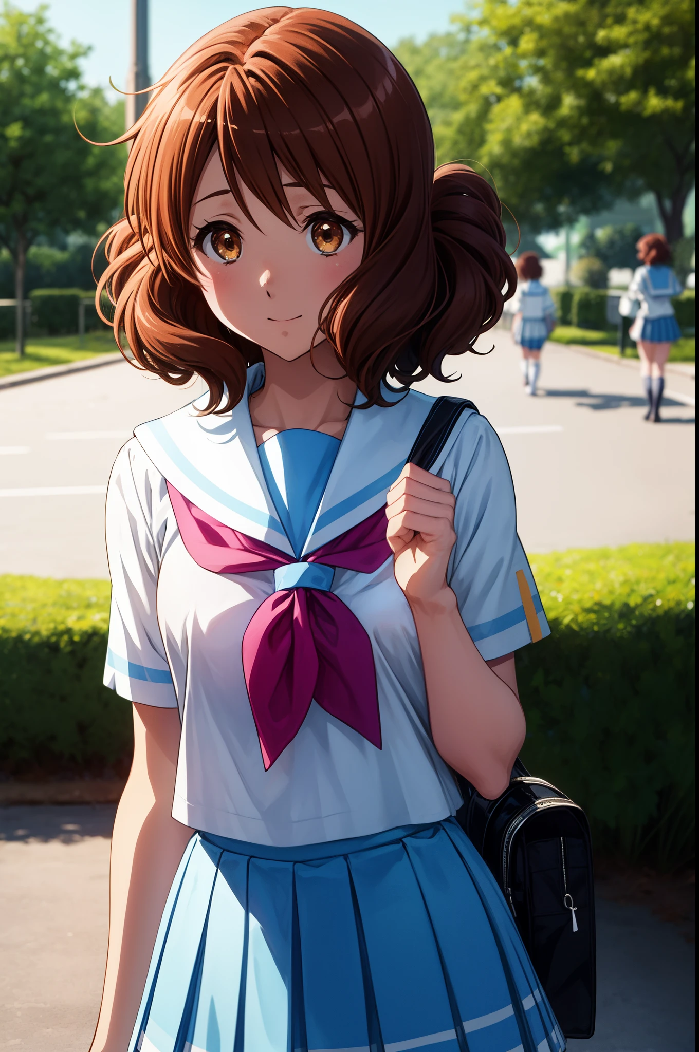 best pictures, Kumiko、masutepiece, 1girl in、​masterpiece、super precision、独奏、Kumiko Omae、a park、Beautiful flowers々Park in full bloom、An amusement park、Kitauji High School Uniform, neckerchief, Pink neckerchief, Pleated skirt, School uniform, serafuku, Shirt, Short sleeves, Skirt, White shirt、best pictures, Short hair, Wavy Hair、High quality anime girl with brown hair and brown eyes、[3D images:1.25],[Attractive eyes,A detailed eye、radiant eyes, Colorful eyes:1.1]],Absolute references、Cowboy Shot