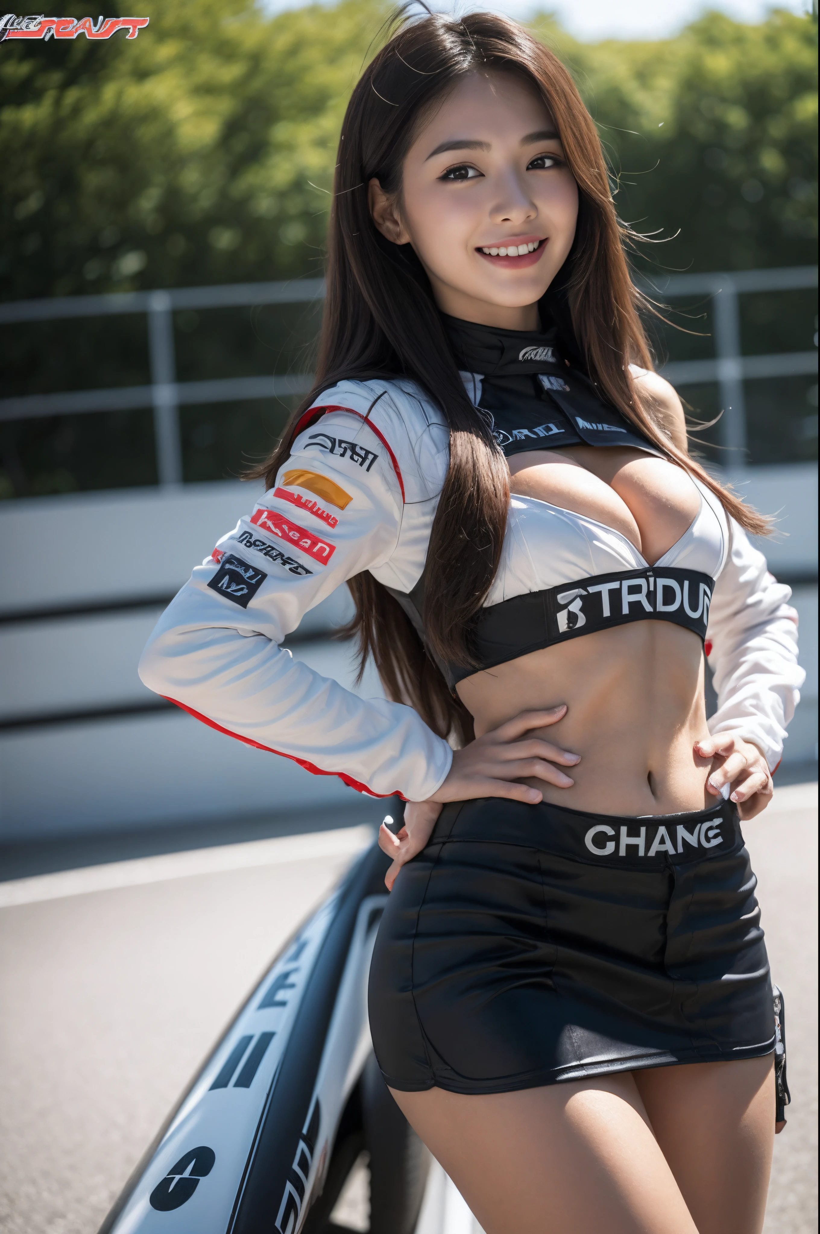 (((one shoulder gridgirl costume))),(((dynamic pose))),(((Show cleavage))),(((miniskirt lift))),(((bare inner thigh))),(((show Formula One car))),ulzzang-6500-v1.1, (Raw photo:1.2), (Photo realistic:1.4), a beautiful detailed girl, extremely detailed eye and face, beautiful detailed eyes, ultra-detailed, High resolution, top-quality, masterpiece, highly detailed, 8k wallpaper, Wonderful, finely detail, top-quality, Light on the face,电影灯光,1girl in,(auto race track),Beautiful eyes,smile,Opening Mouth