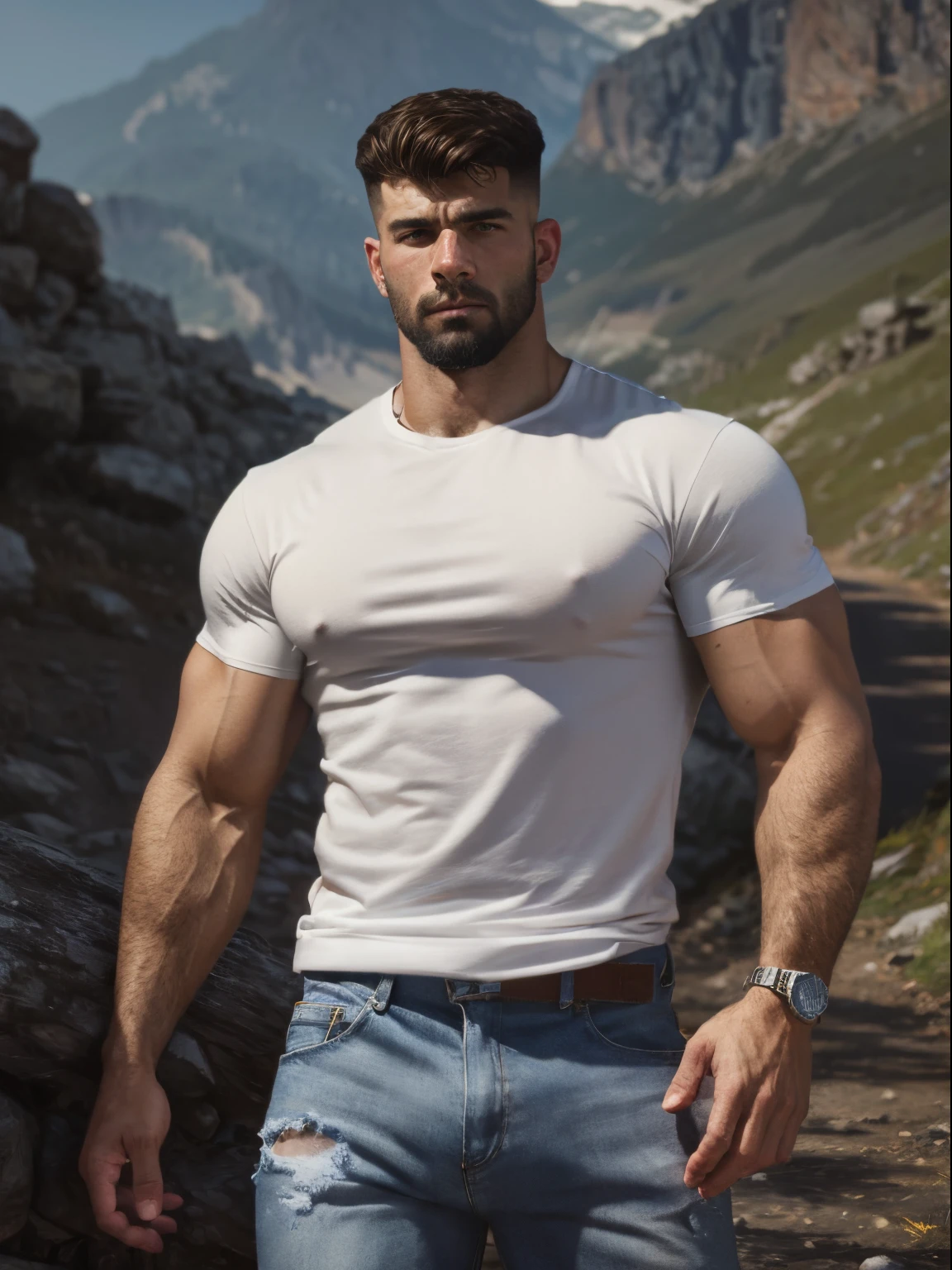 A character portrait [lean Soviet soldier boy, hairy body, alpha male, huge biceps, ripped abs, blue jeans, white tee shirt, sneakers, handsome, sunny mountain road] 4k, high detailed, beautiful, dark age, art by Stanley artgerm, by Daniel f gerhartz, by pino daeni, highly detailed, sharp focus.