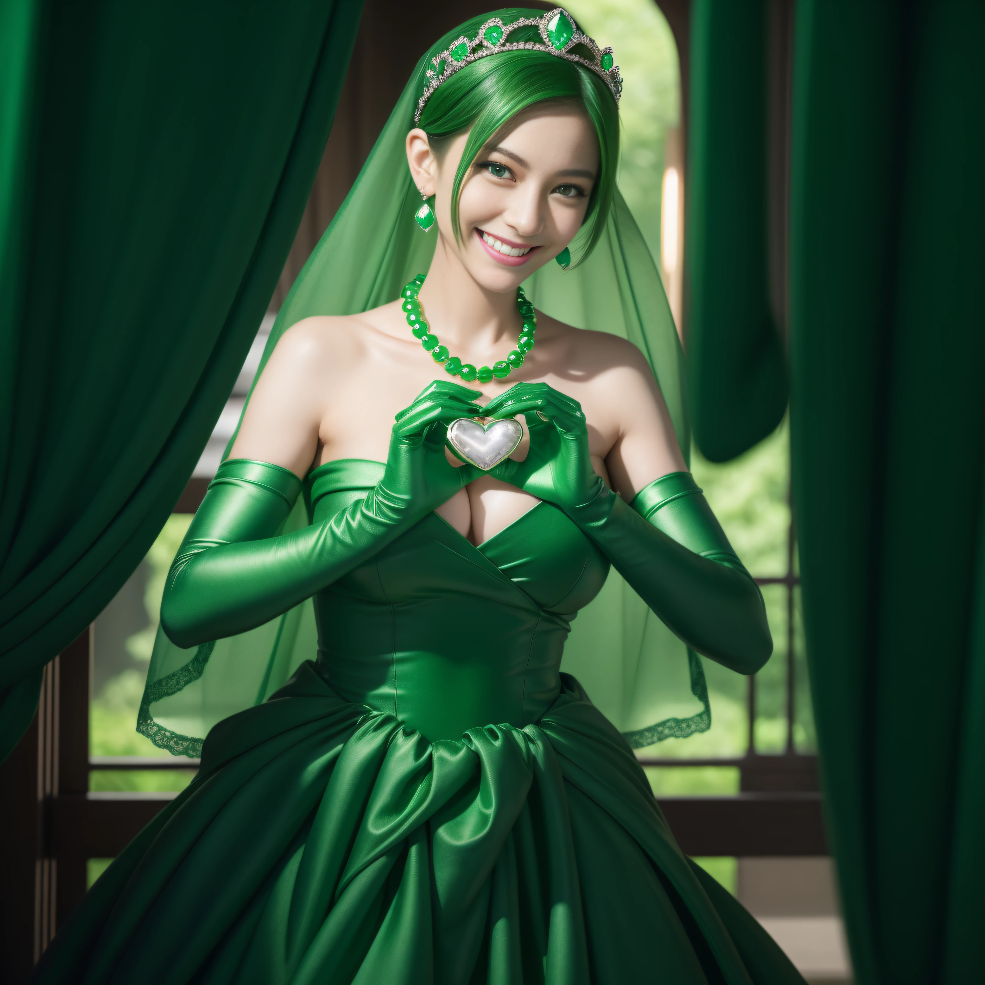 emerald tiara, Green Pearl Necklace, Boyish very short green hair, lipsticks, Japan woman smiling, very short short hair,  big breasts beautiful, Green eyes, Long green gloves made of satin material, Green eyes, Emerald Earrings, green vale, Heart with both hands