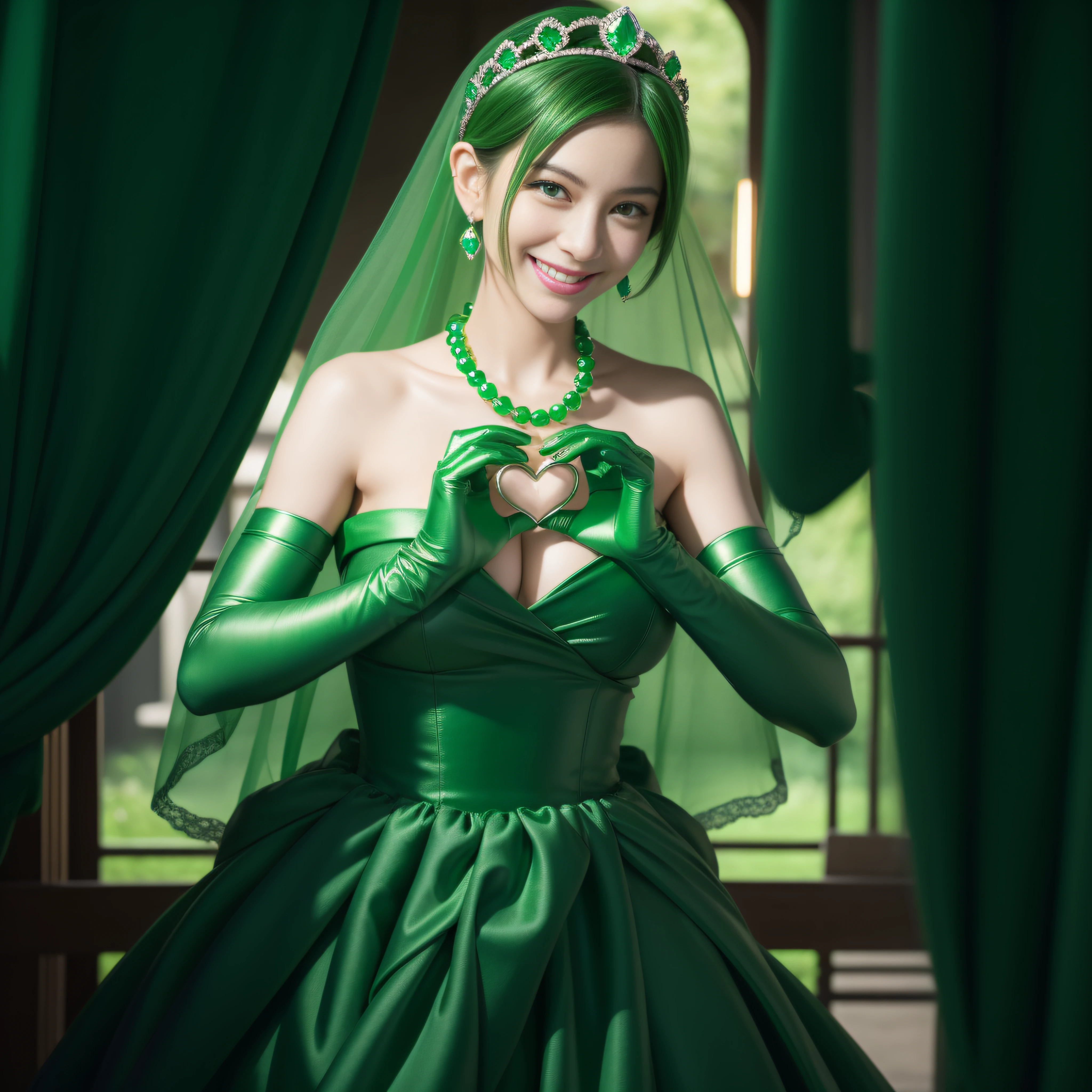 emerald tiara, Green Pearl Necklace, Boyish very short green hair, lipsticks, Japan woman smiling, very short short hair, big breasts beautiful, Green eyes, Long green gloves made of satin material, Green eyes, Emerald Earrings, green vale, Heart with both hands