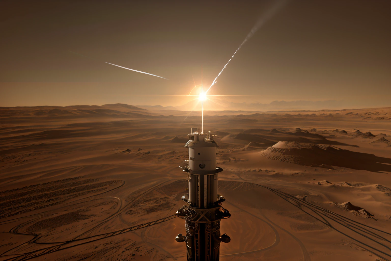 Building an advanced solar power plant on Mars, technological robotic arm, lifelike metal details, ultra-realistic, bright, bird's-eye view, ultra-wide angle, high reality, light and dark