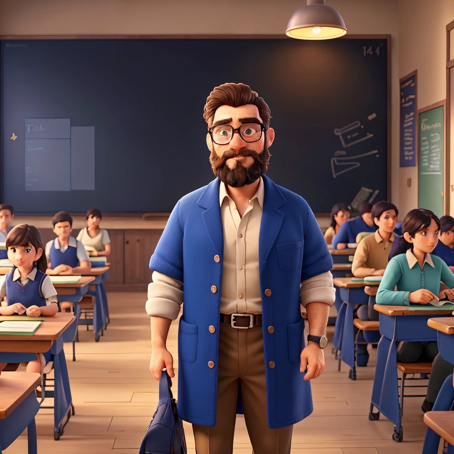 The prompt for Stable Diffusion:
"A man standing in a classroom with a blackboard, bearded Professor, medium:oil painting, detailed classroom, highres, ultra-detailed,masterpiece:1.2, realistic:1.37, portraits, vibrant colors, natural lighting"