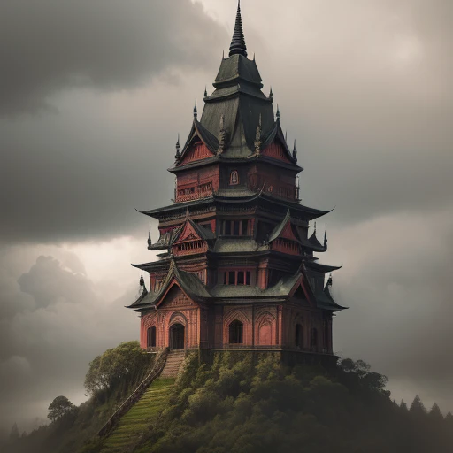 In the style of Ernie colons, a large Indonesian castle,  with many towers, colorful, its located in a forest clearing, with a dark eerily gray sky, the image is done in muted watercolors