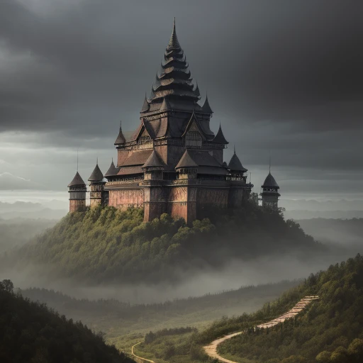 In the style of Ernie colons, a large Indonesian castle, with many towers, colorful, its located in a forest clearing, with a dark eerily gray sky, the image is done in muted watercolors
